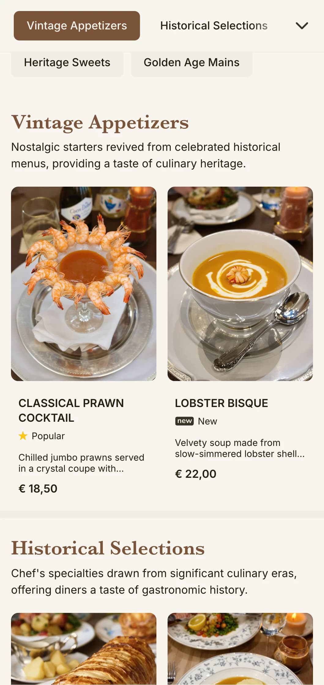 Nostalgic, golden age-inspired lunch menu design with historical references and refined detailing, suited for historic restaurants with rich traditions.