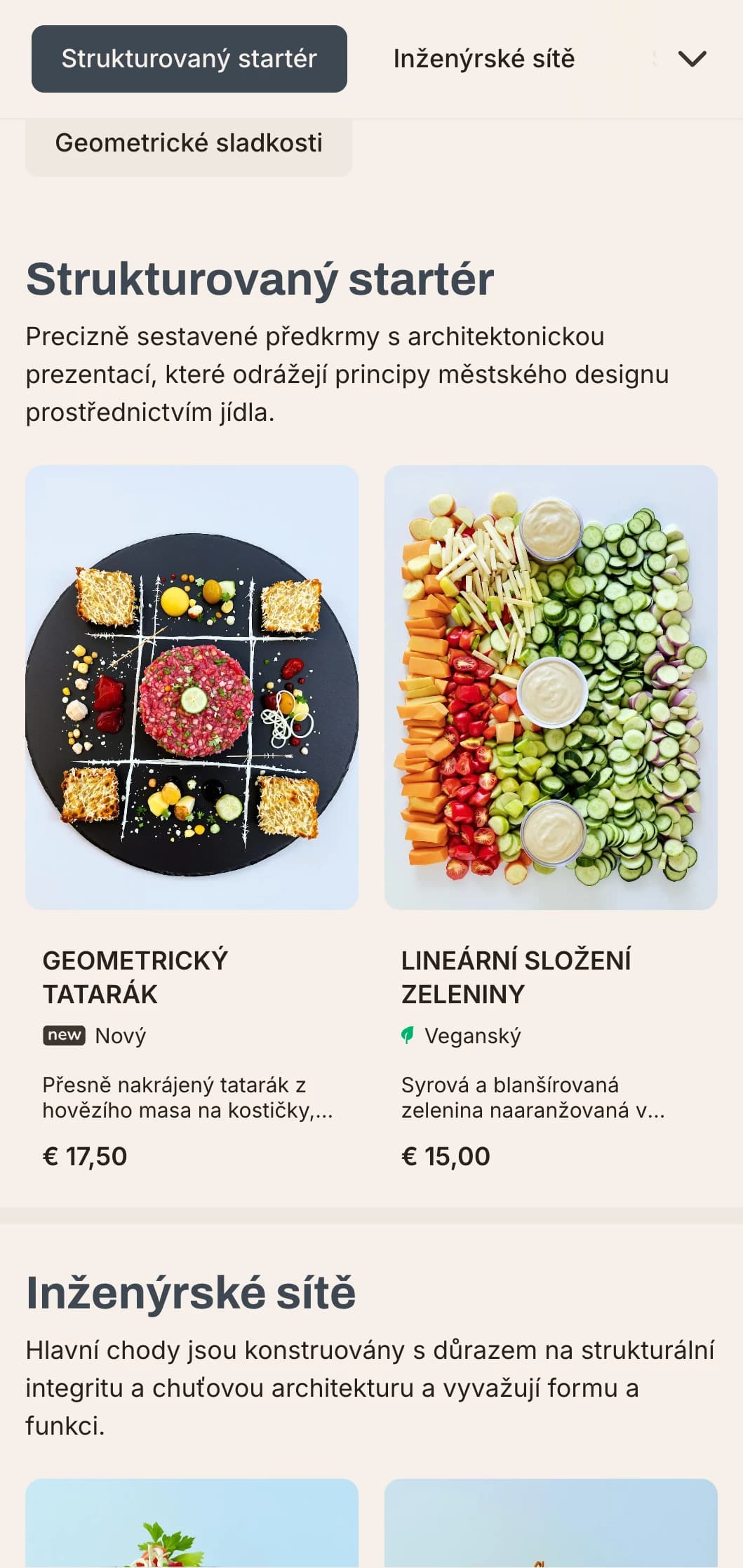 Odvážný, architektonický design poledního menu s výraznými liniemi a městskými prvky, ideální pro moderní restaurace v obchodních čtvrtích a moderních zástavbách.