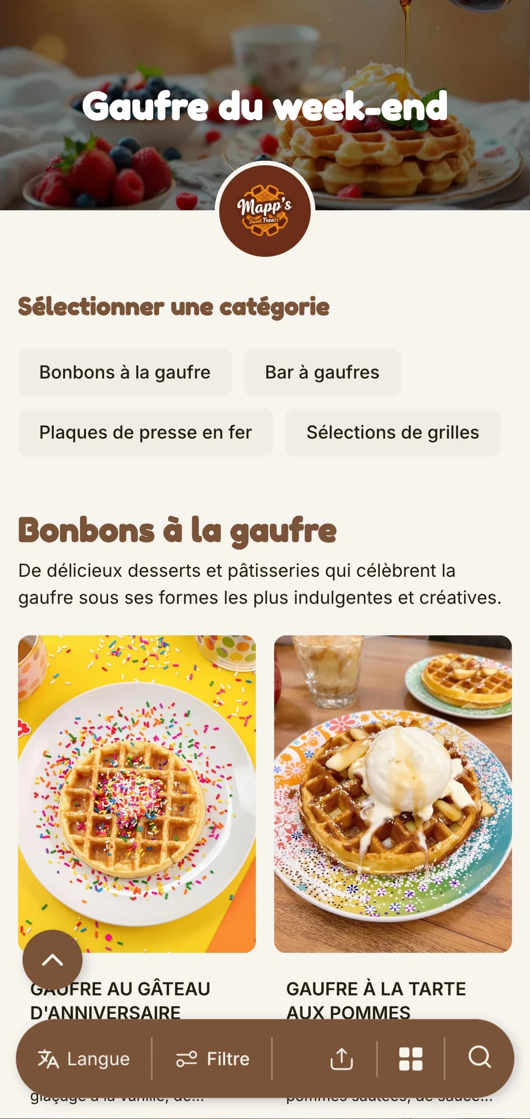 Un modèle de brunch chaleureux et ludique, axé sur les gaufres et les petits déjeuners sucrés, idéal pour les cafés familiaux.