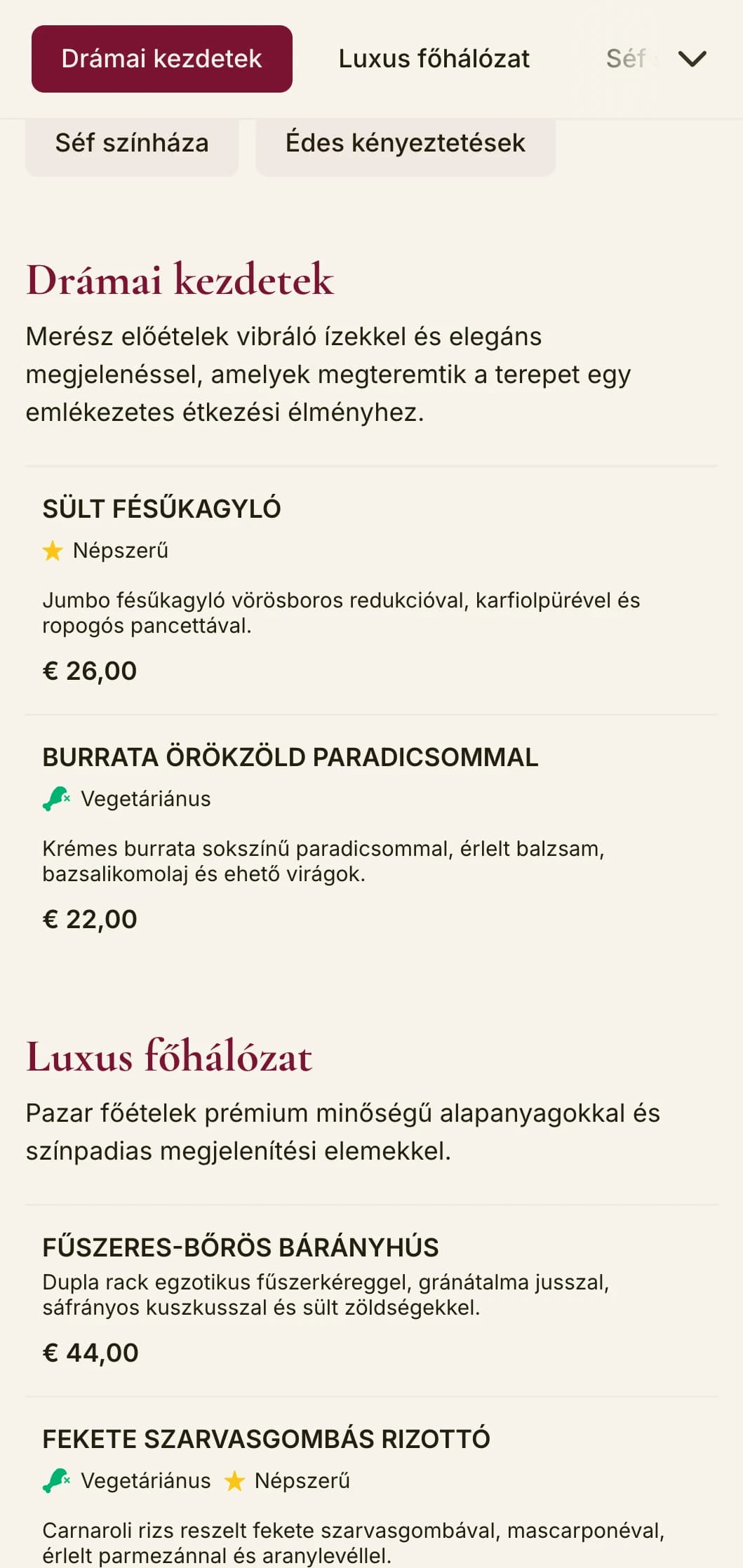 Merész és drámai vacsora menü mélyvörös tónusokkal és fényűző elemekkel, színházi hangulatú, előkelő étkezési helyszínekre tervezve.