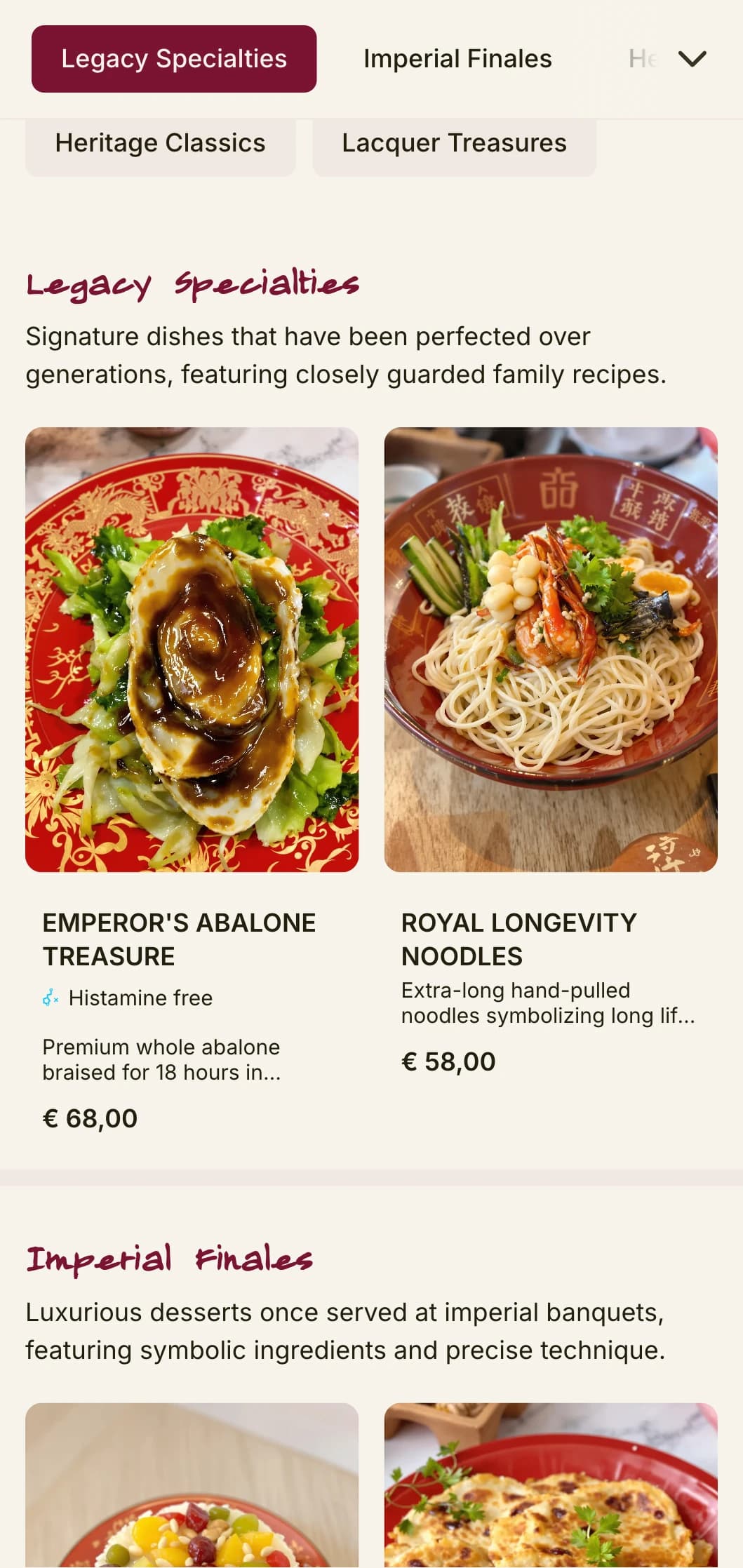 Luxurious Chinese menu design inspired by traditional lacquerware, with rich colors for heritage cuisine and special occasions.