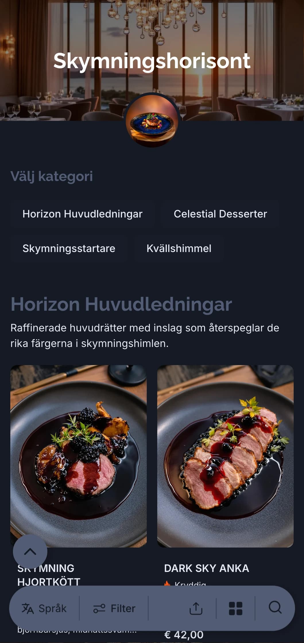 Raffinerat koncept för kvällsmat inspirerat av de sofistikerade färgerna i skymning och skymningshimlar.