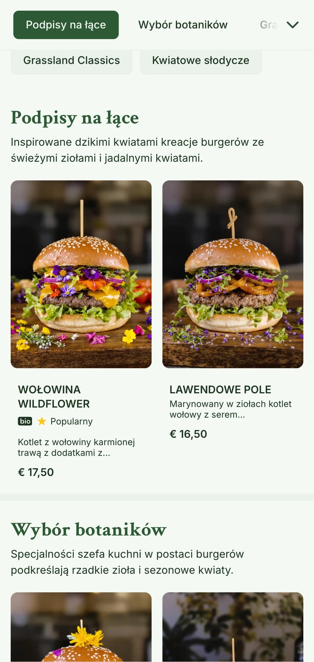 Inspirowana dzikimi kwiatami i łąkami koncepcja burgera o naturalnej, przewiewnej estetyce.