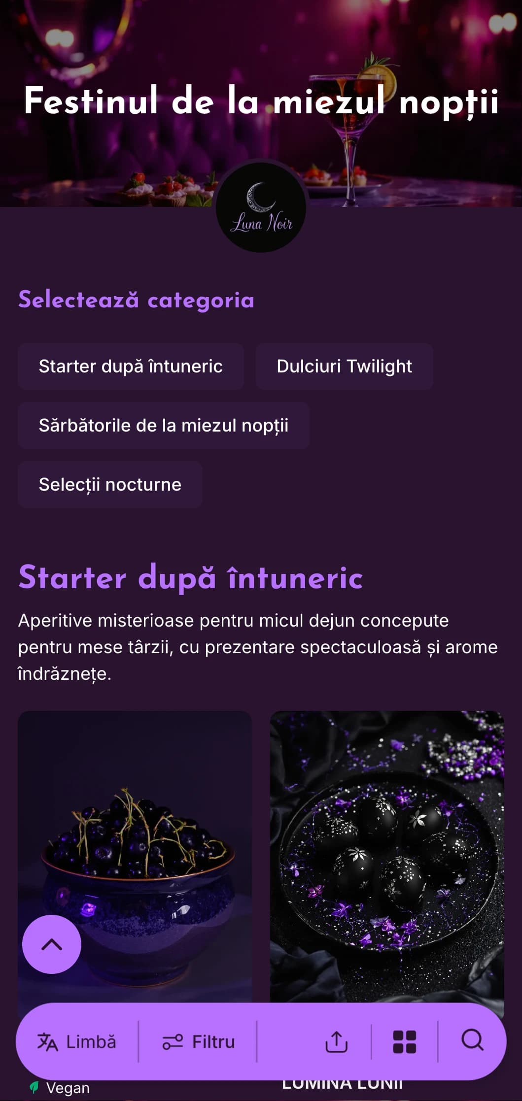 Șablon violet intens cu accente luminoase, perfect pentru oferte de brunch târziu în noapte și mic dejunuri cu cocktailuri.