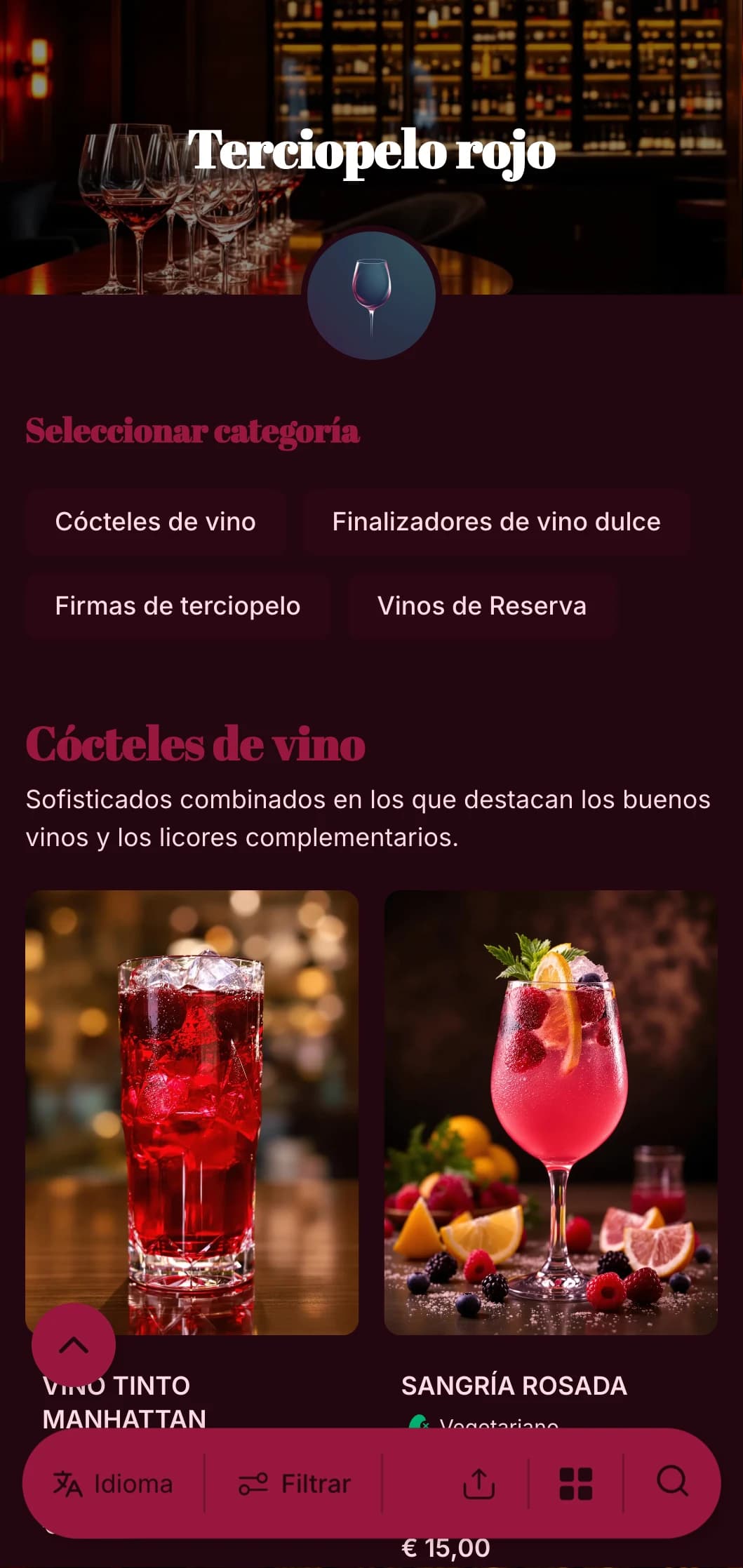 Un diseño lujoso y espectacular para vinotecas y salones de lujo, con tonos rojos intensos y una tipografía atrevida.