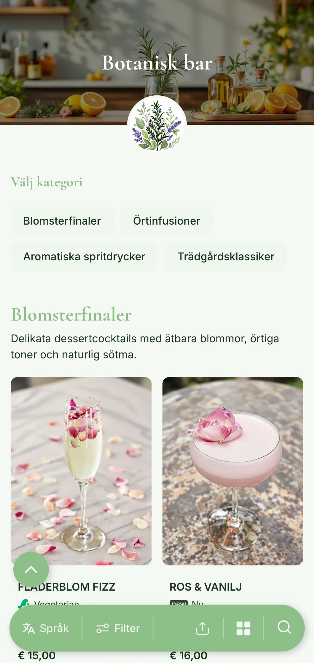 En fräsch, trädgårdsinspirerad menydesign för barer som specialiserar sig på örtinfuserade och botaniska cocktails.