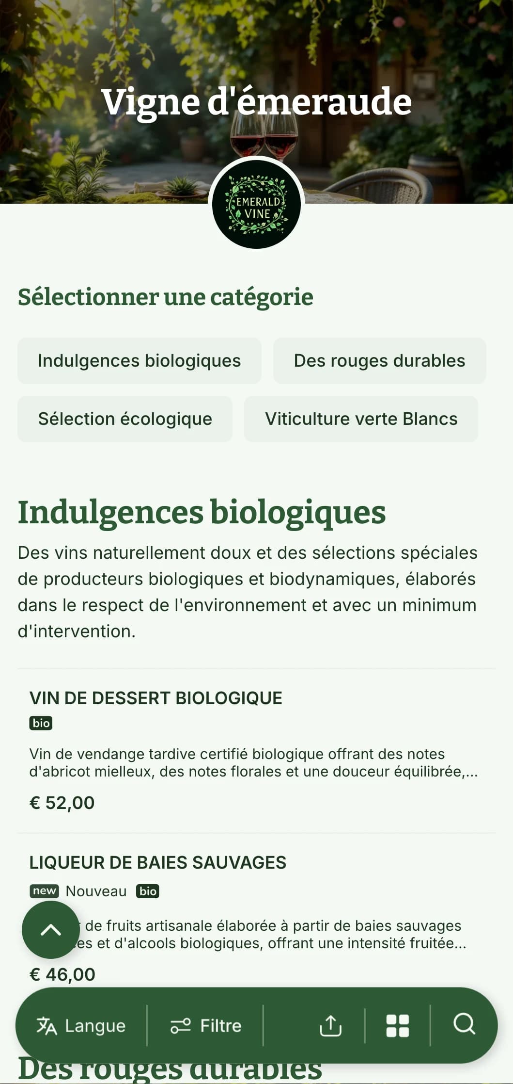 Modèle de carte des vins au thème verdoyant, avec des éléments botaniques et des textures naturelles, parfait pour les sélections de vins biologiques et les restaurants de jardin.