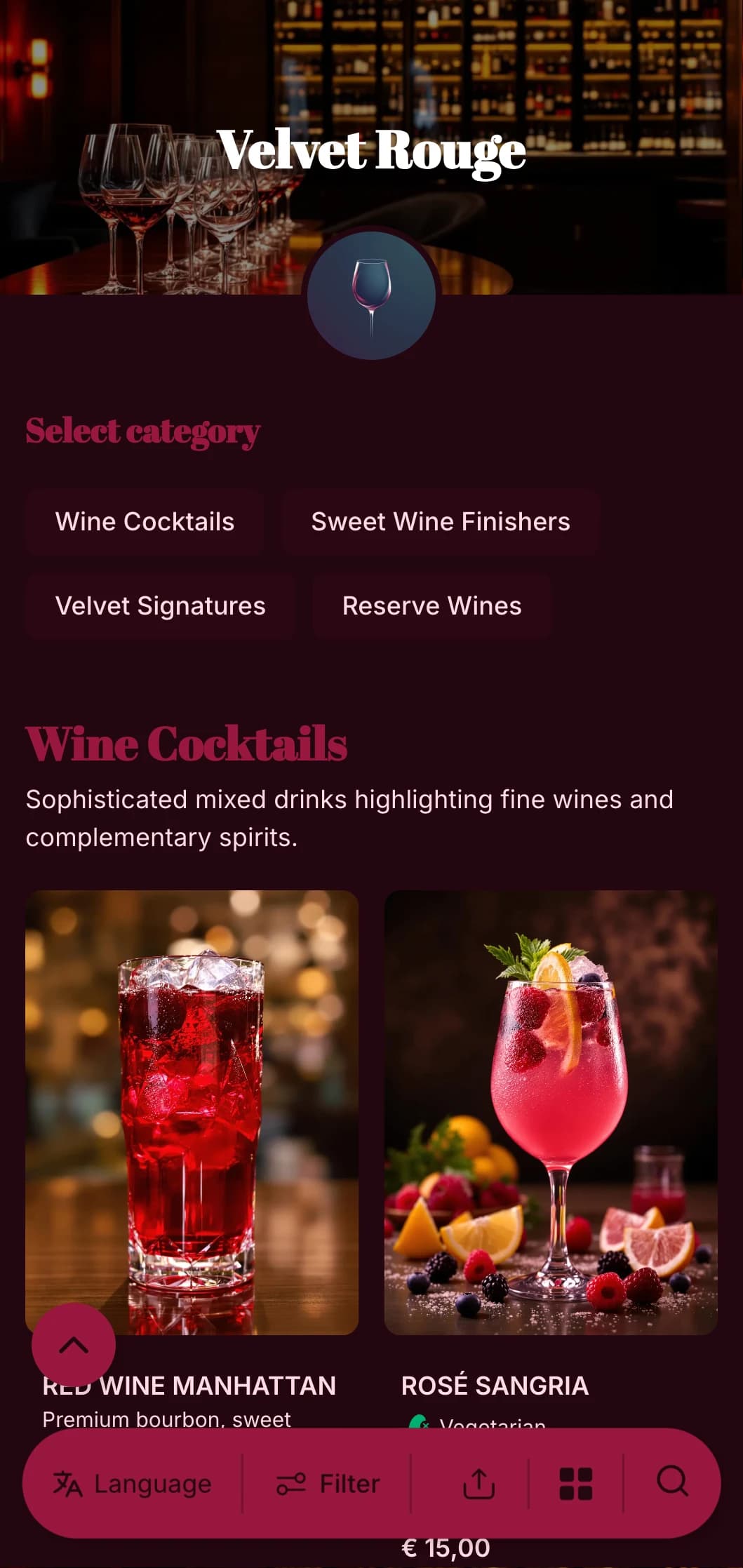 A luxurious, dramatic design for upscale wine bars and lounges featuring rich red tones and bold typography.