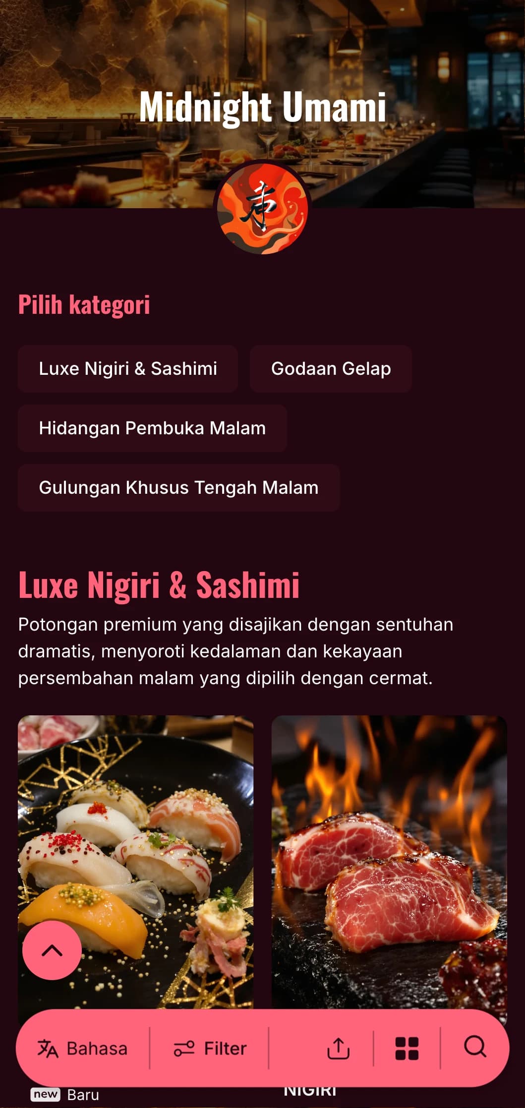 Pengalaman sushi larut malam yang mewah dengan kontras yang berani, menampilkan warna merah anggur yang kaya dan aksen cerah dengan latar belakang yang pekat.