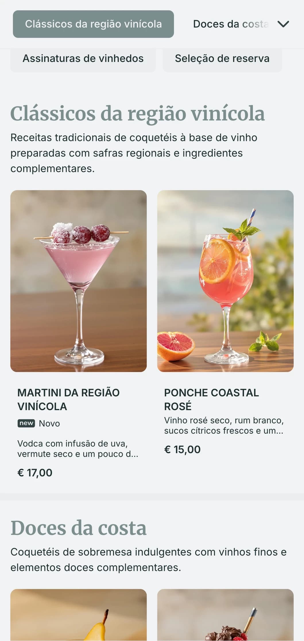 Um design fresco e inspirado no litoral para bares de vinho em locais à beira-mar, com tons de cinza-azulado e tipografia arejada.
