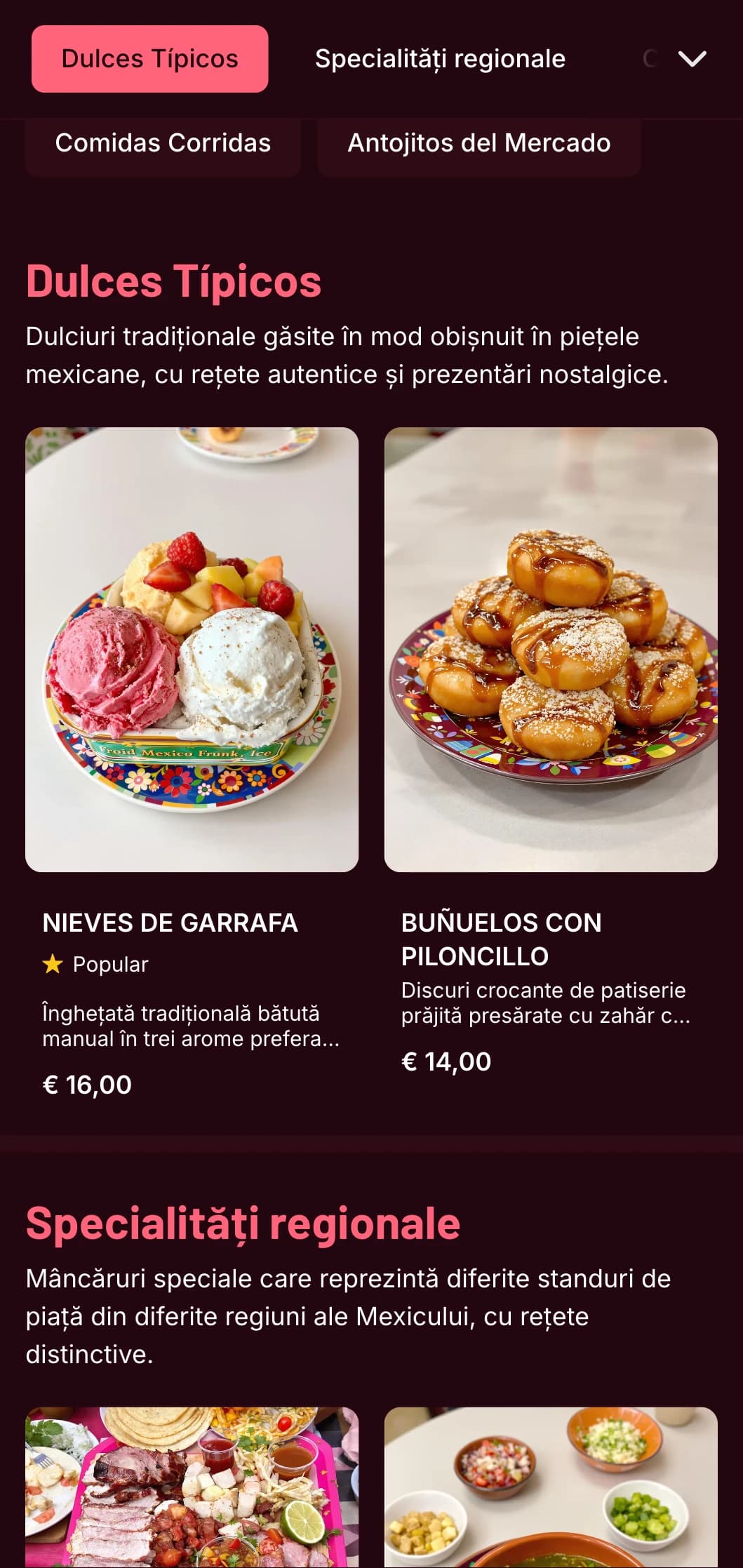 Meniu colorat și autentic inspirat din piața mexicană, cu accente roz aprins, ingrediente proaspete, antojitos tradiționale și mâncăruri stradale.