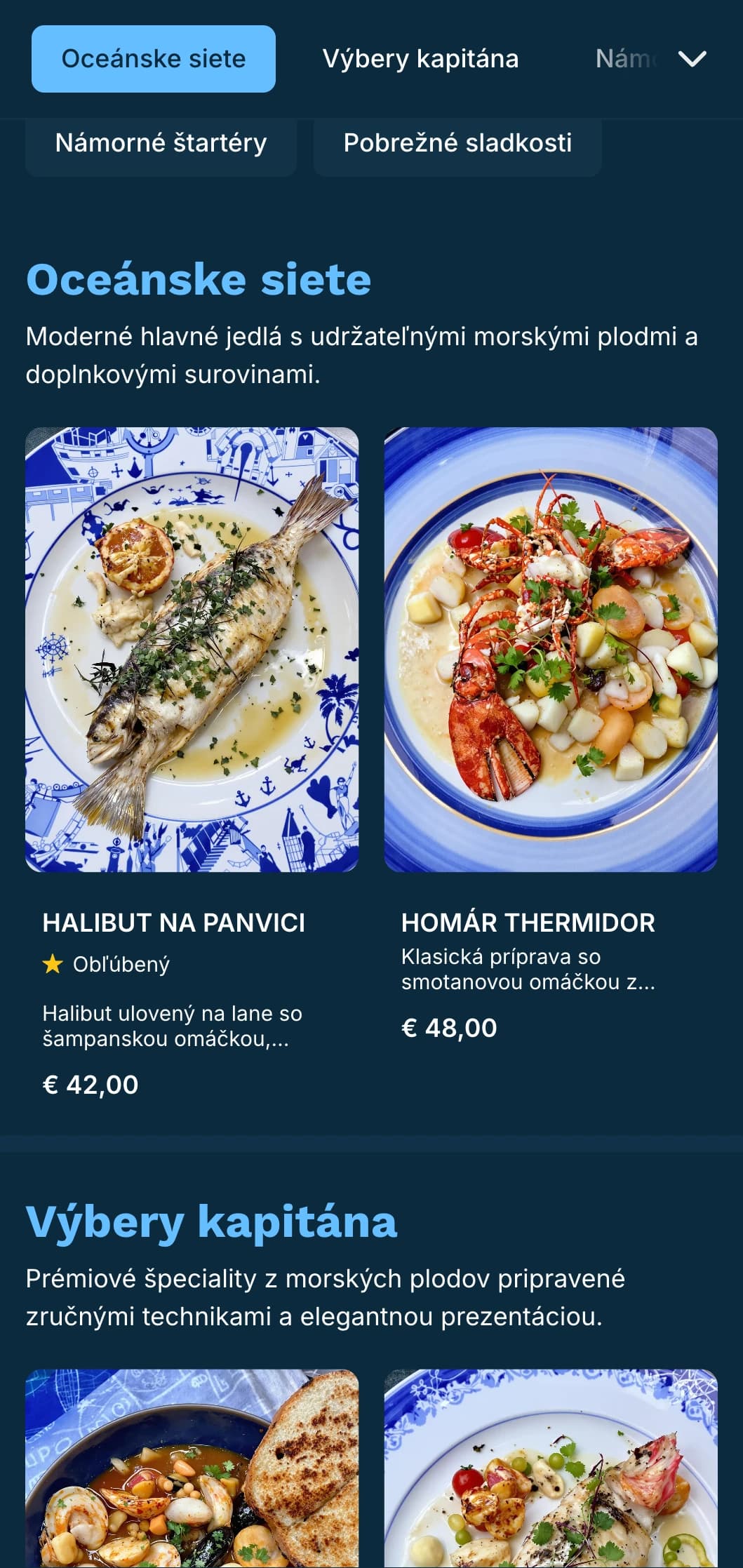 Svieže, modro ladené menu s námorníckymi vplyvmi, ideálne pre luxusné reštaurácie s morskými plodmi.