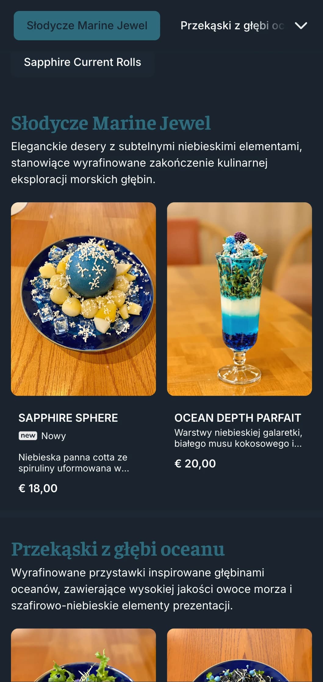 Inspirowane głębokim błękitem oceanu menu sushi z bogatymi szafirowymi odcieniami dla restauracji premium serwujących owoce morza.