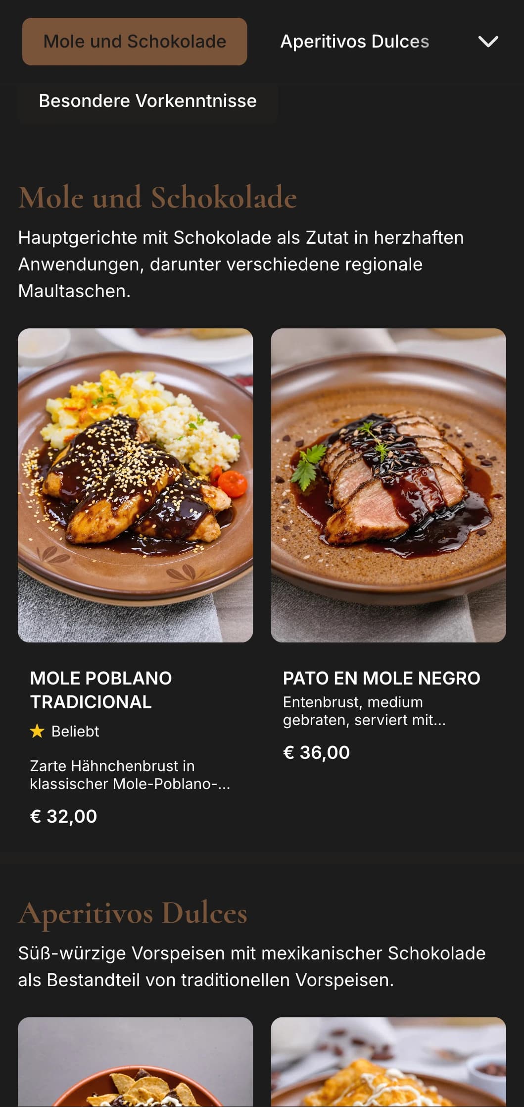 Reichhaltige und genussvolle mexikanische Dessertkarte mit warmen, braunen Schokoladentönen, traditionellen süßen Leckereien und authentischen Schokoladenzubereitungen.