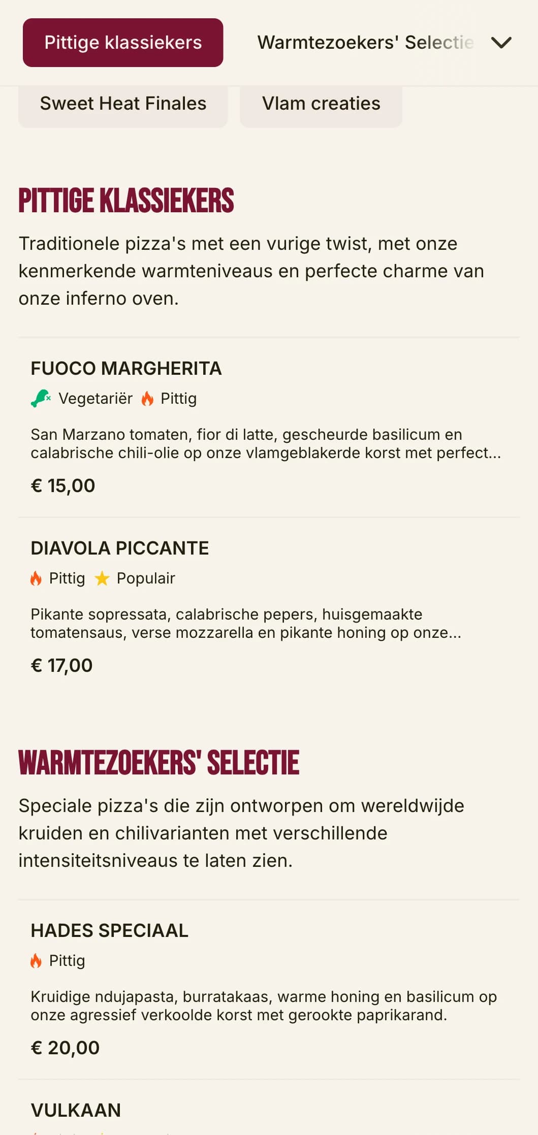 Energieke pizzakaart met vette typografie en levendige kleuren voor pittige pizzaspecialisten.