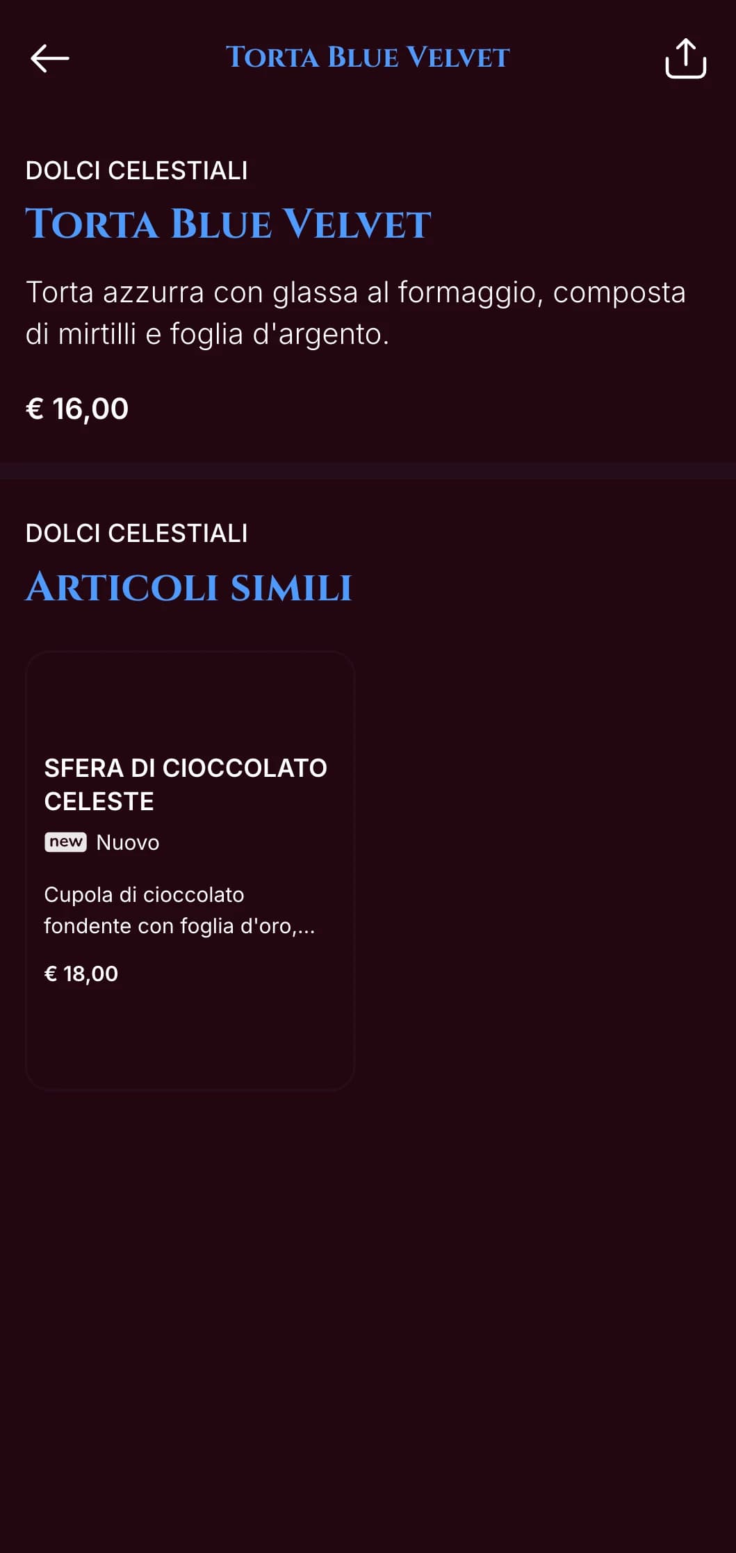 Un menu per la cena di colore blu notte con accenti dorati, pensato per i locali serali dall'atmosfera lussuosa.