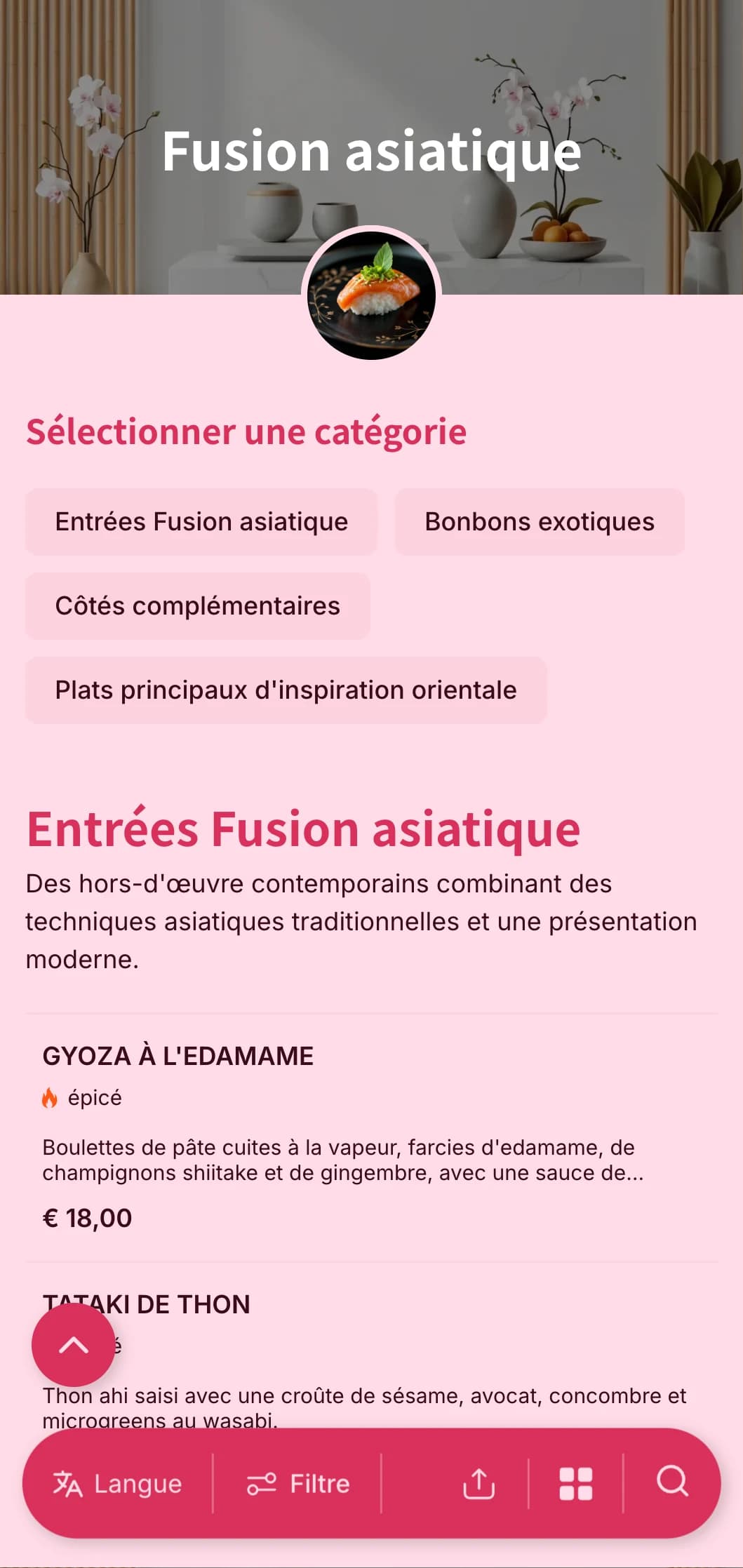 Traiteur contemporain d'inspiration asiatique combinant des techniques traditionnelles et une présentation moderne pour des événements branchés et des rassemblements internationaux.