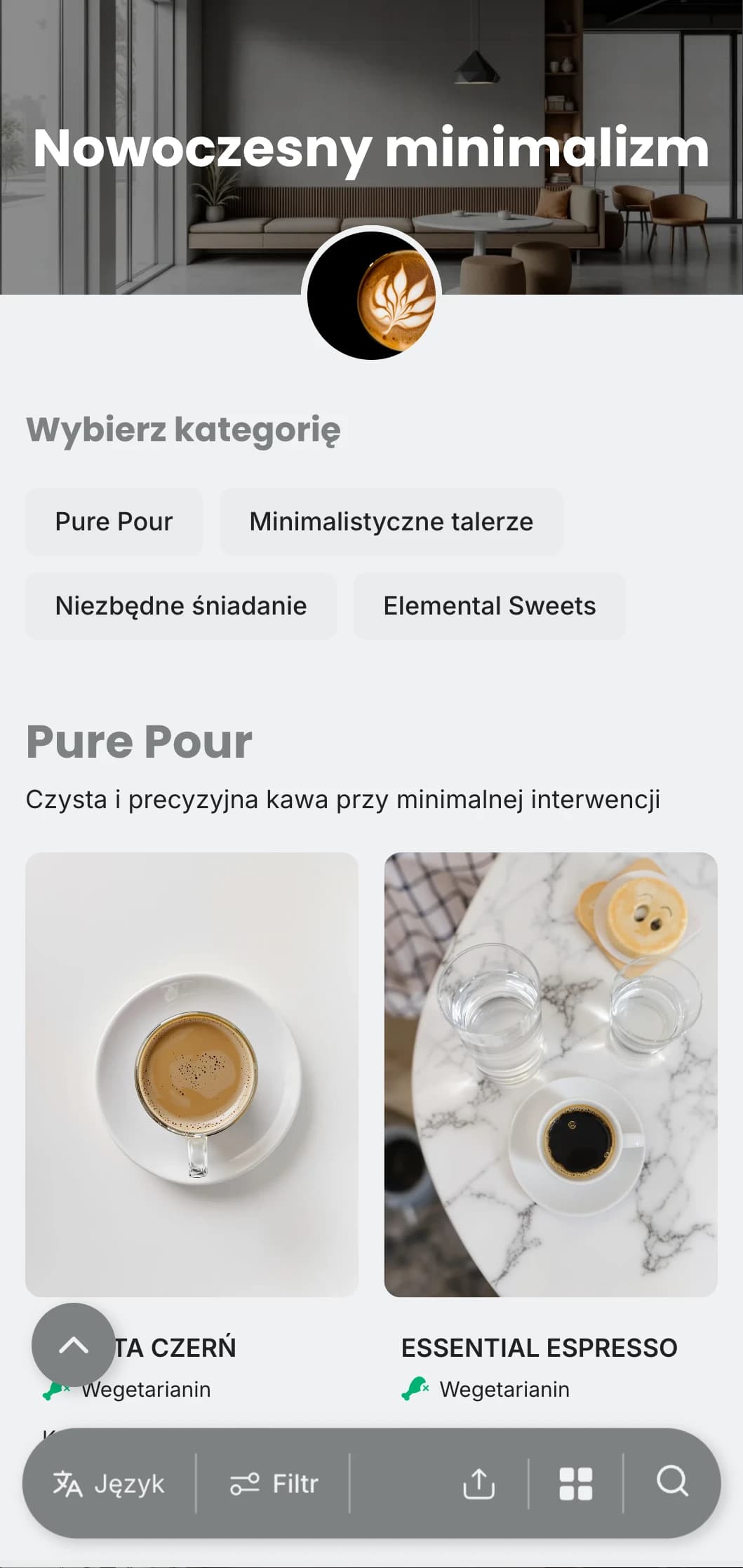 Czysty, monochromatyczny design z minimalnymi elementami dla współczesnych kawiarni o nowoczesnej estetyce.