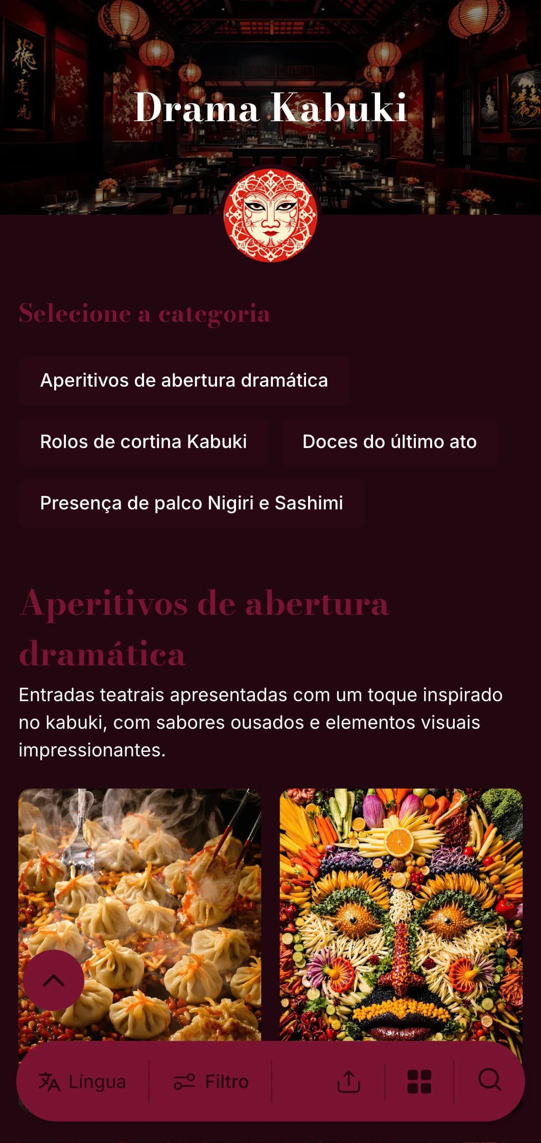 Menu de sushi teatral inspirado no tradicional Kabuki, com contrastes dramáticos de vermelho e preto.