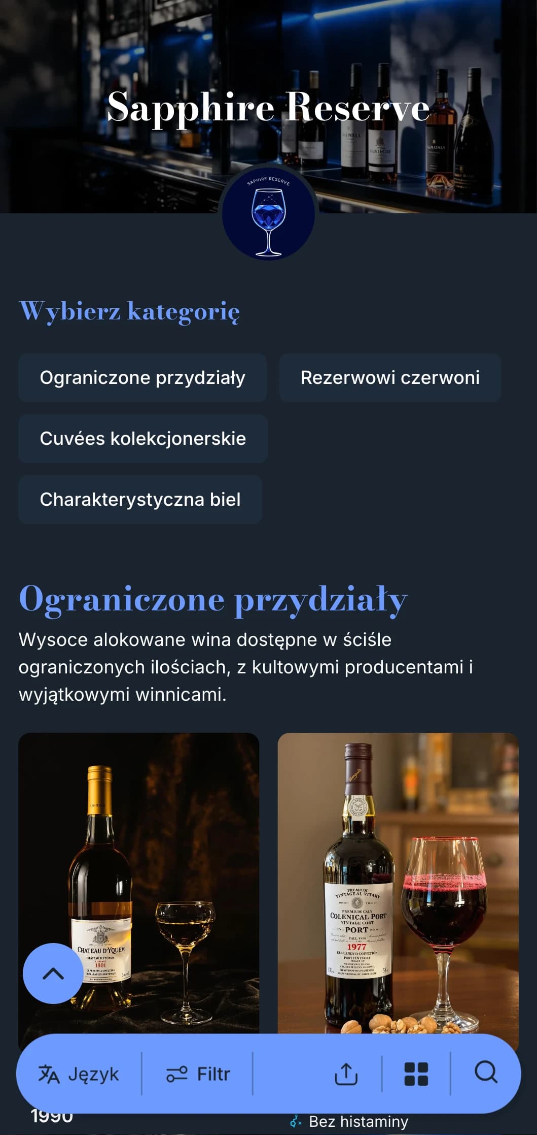 Głęboko wyrafinowany szablon karty win z uderzającymi niebieskimi akcentami na granatowym tle, idealny do winiarni premium i lokali wieczornych.