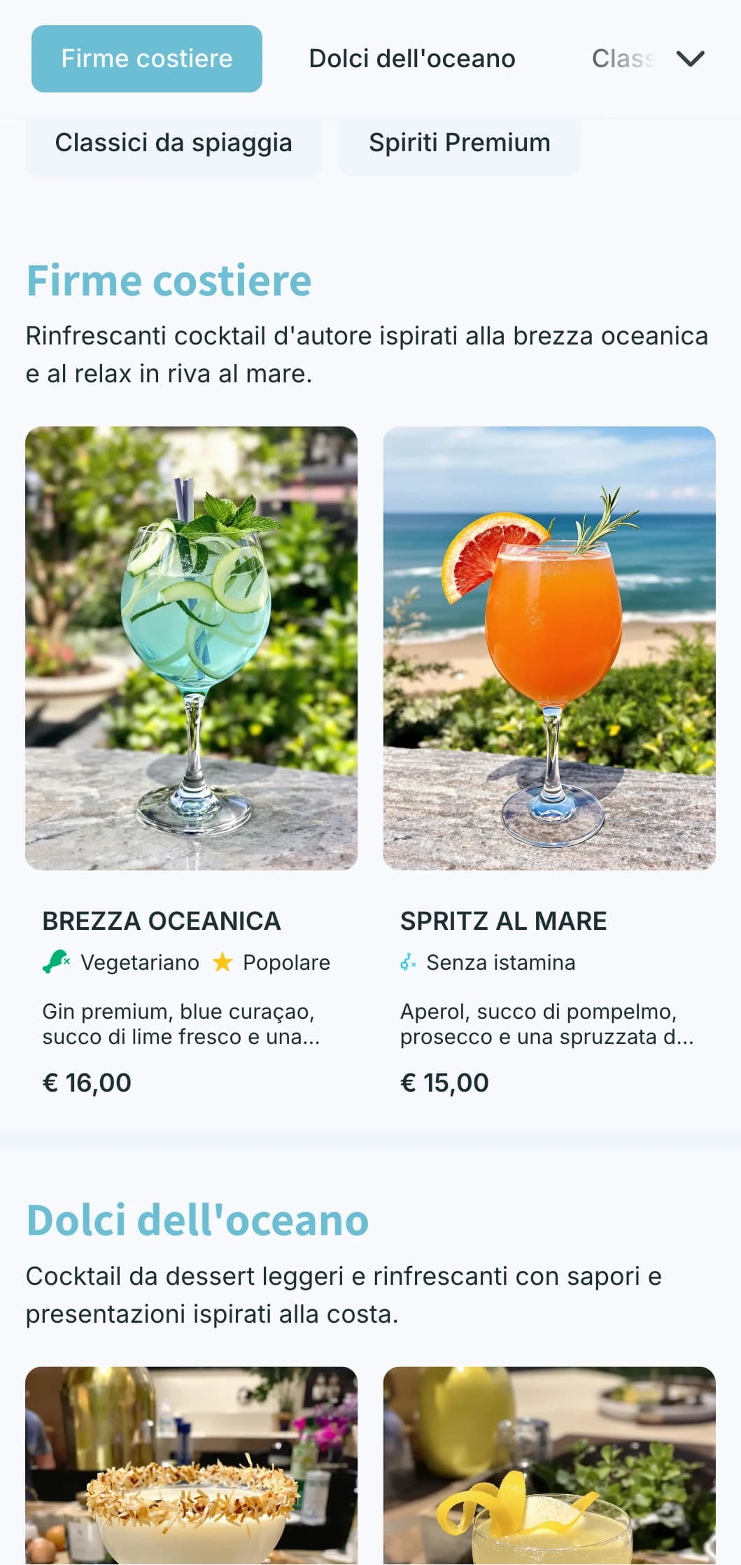 Un design fresco e di ispirazione costiera per bar e beach club in riva al mare, caratterizzato da toni azzurri e da una tipografia ariosa.