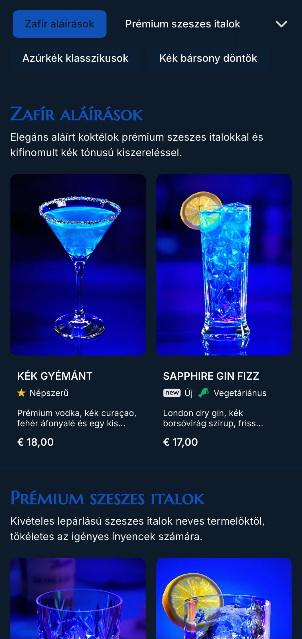 Fényűző, drágakő ihlette design előkelő koktélbárok számára, mélykék tónusokkal és elegáns tipográfiával.