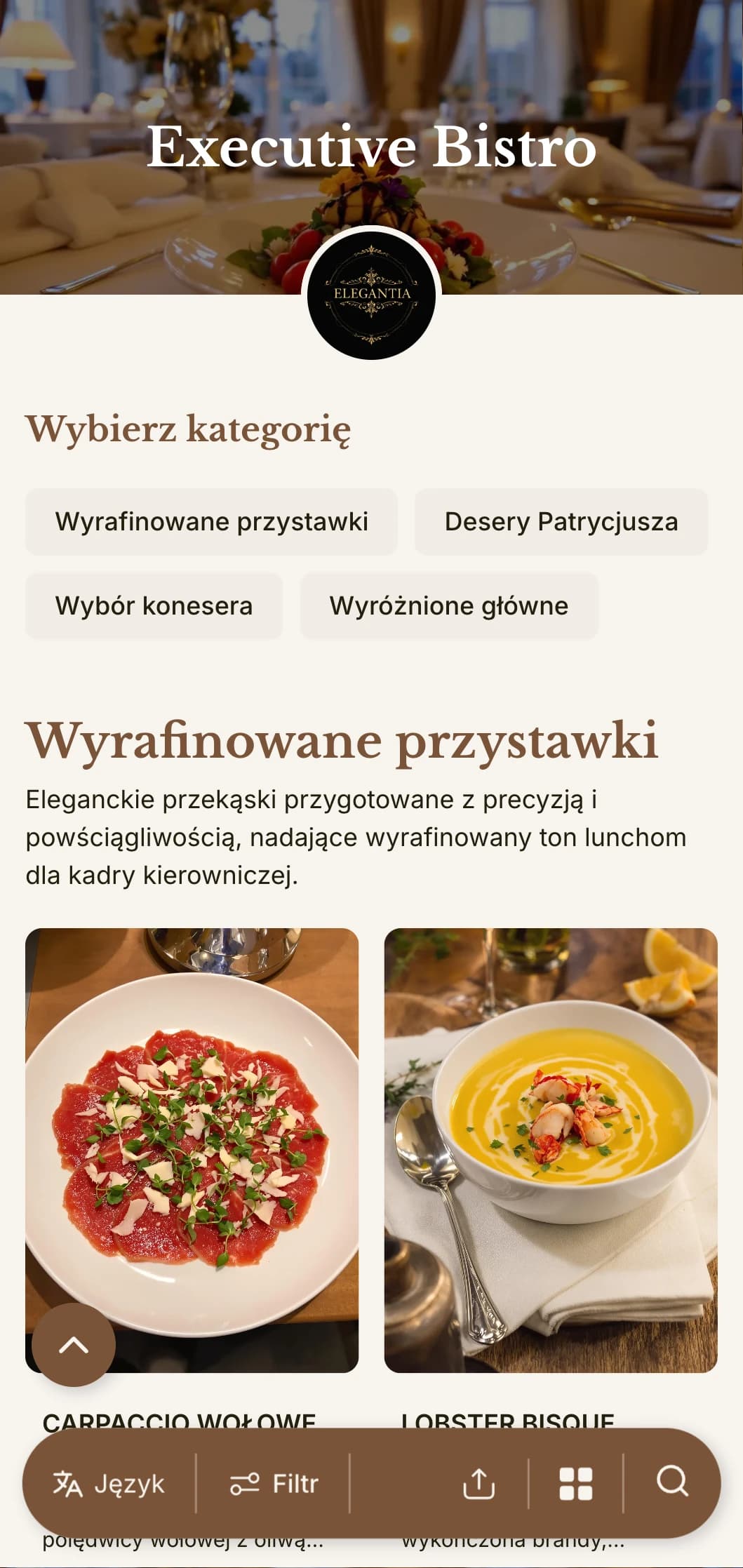 Wyrafinowany projekt menu lunchowego z wyrafinowaną typografią i eleganckimi odstępami, dostosowany do ekskluzywnych restauracji hotelowych i jadalni dla profesjonalistów.
