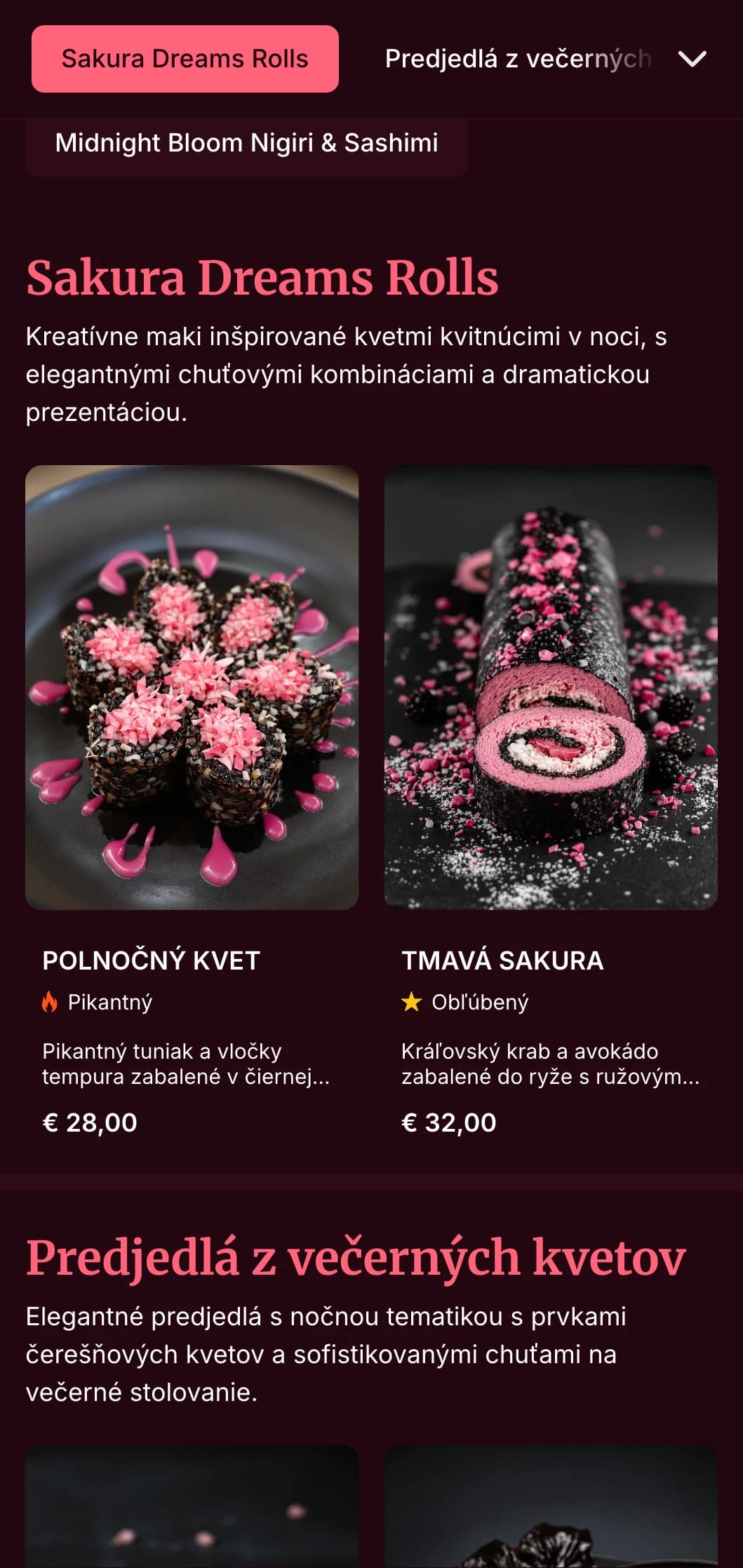 Elegantný večerný zážitok zo sushi s dramatickými motívmi čerešňových kvetov na pozadí tmavej bordovej farby pre luxusné stolovanie.