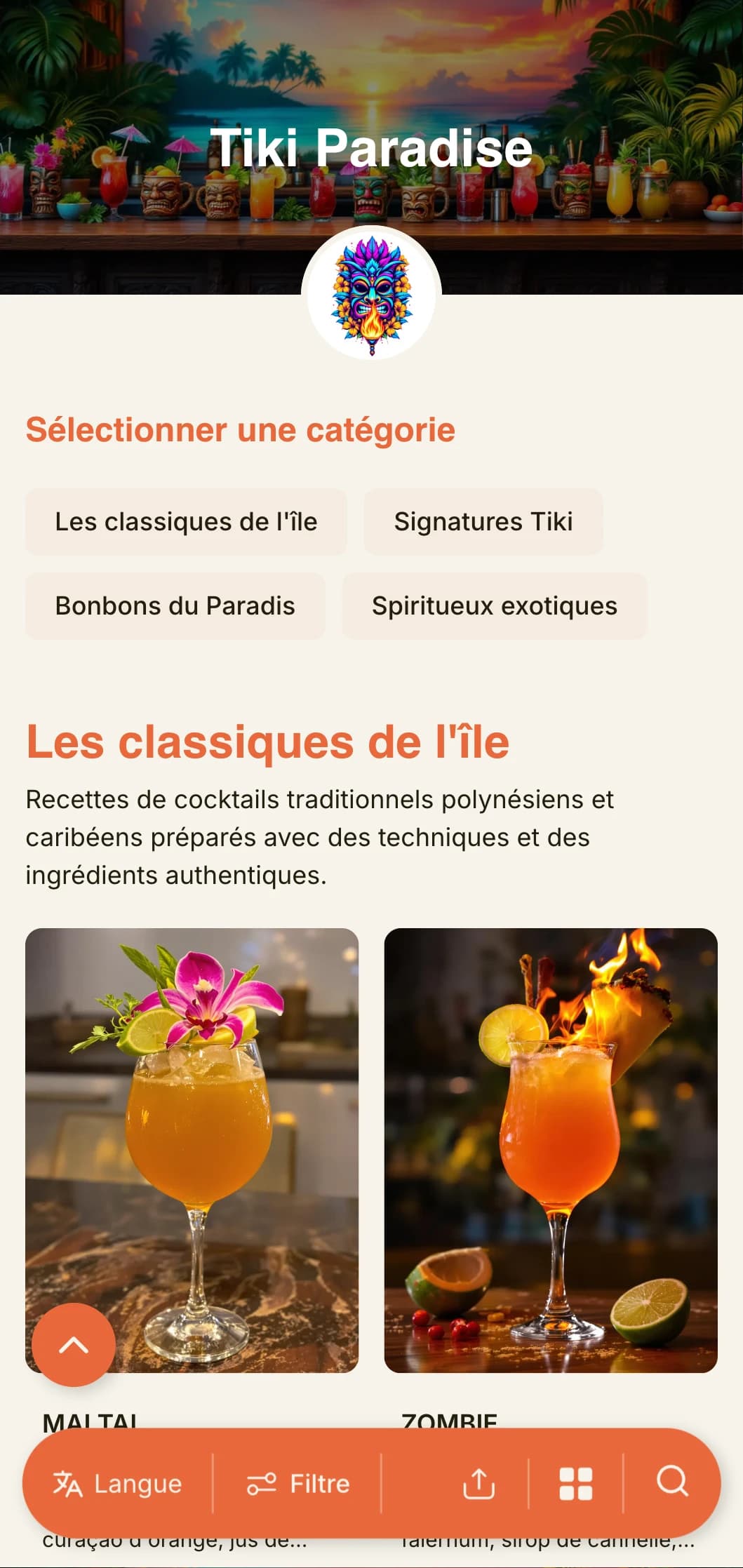 Un design exotique et vibrant pour les bars tiki et les salons de cocktails tropicaux, avec une typographie ludique et des couleurs chaudes.