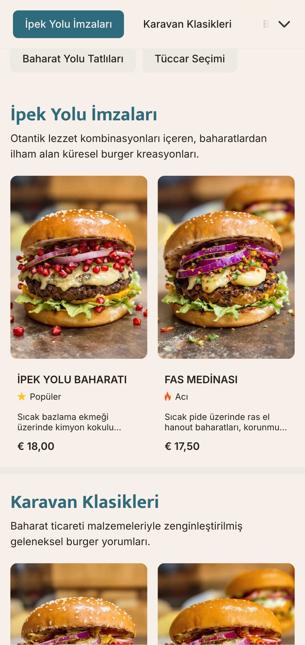Küresel lezzet profilleri ve tarihi referanslar içeren baharat ticaretinden ilham alan burger menüsü.