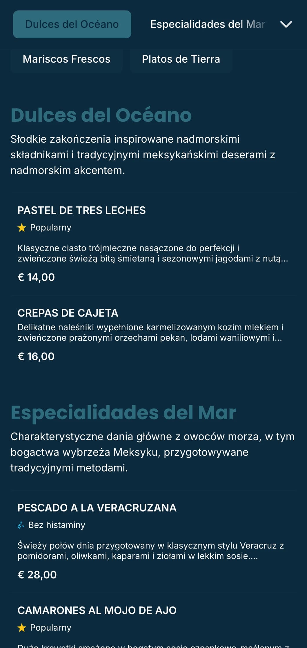 Świeże i beztroskie meksykańskie menu z owocami morza z lazurowymi akcentami, subtelnymi wzorami fal i atmosferą przy plaży.