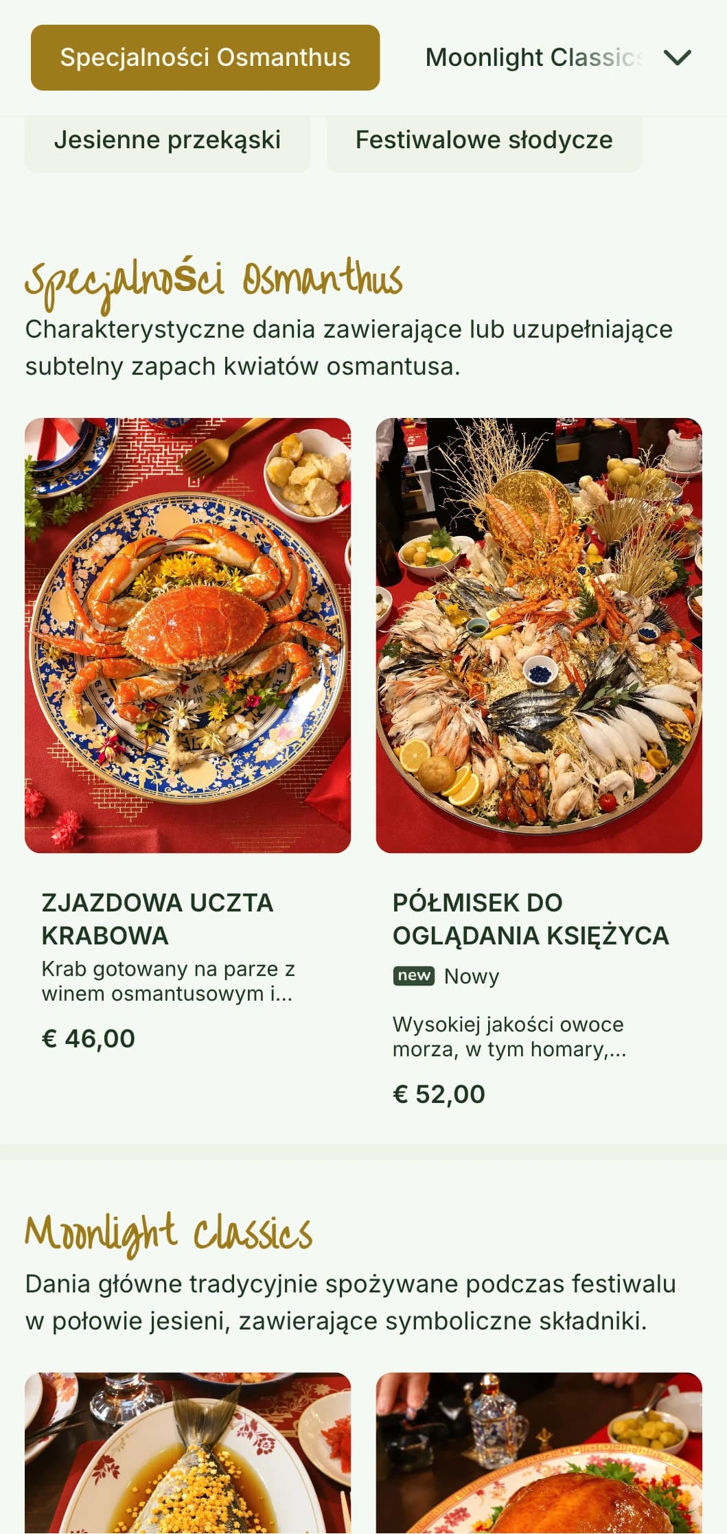 Spokojny projekt chińskiego menu inspirowany kwiatami osmantusa i tradycjami festiwalu księżycowego, z elementami botanicznymi.