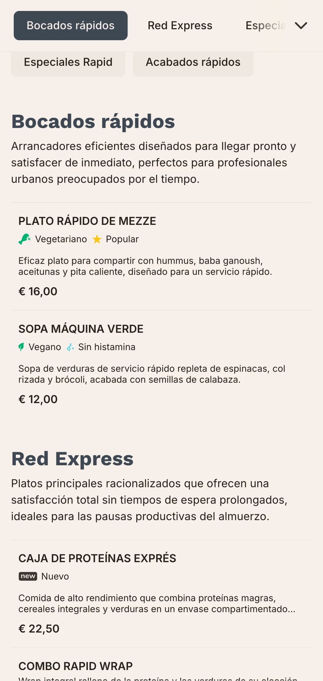 Diseño de menú de almuerzo eficiente, de inspiración urbana, con tipografía atrevida y organización clara, ideal para restaurantes urbanos muy concurridos que atienden a profesionales en activo con un tiempo limitado para almorzar.