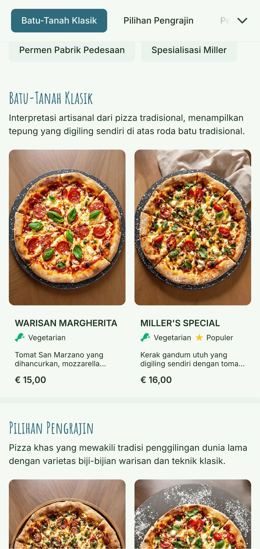 Menu pizza tepung batu dengan elemen artisanal dan estetika alami.