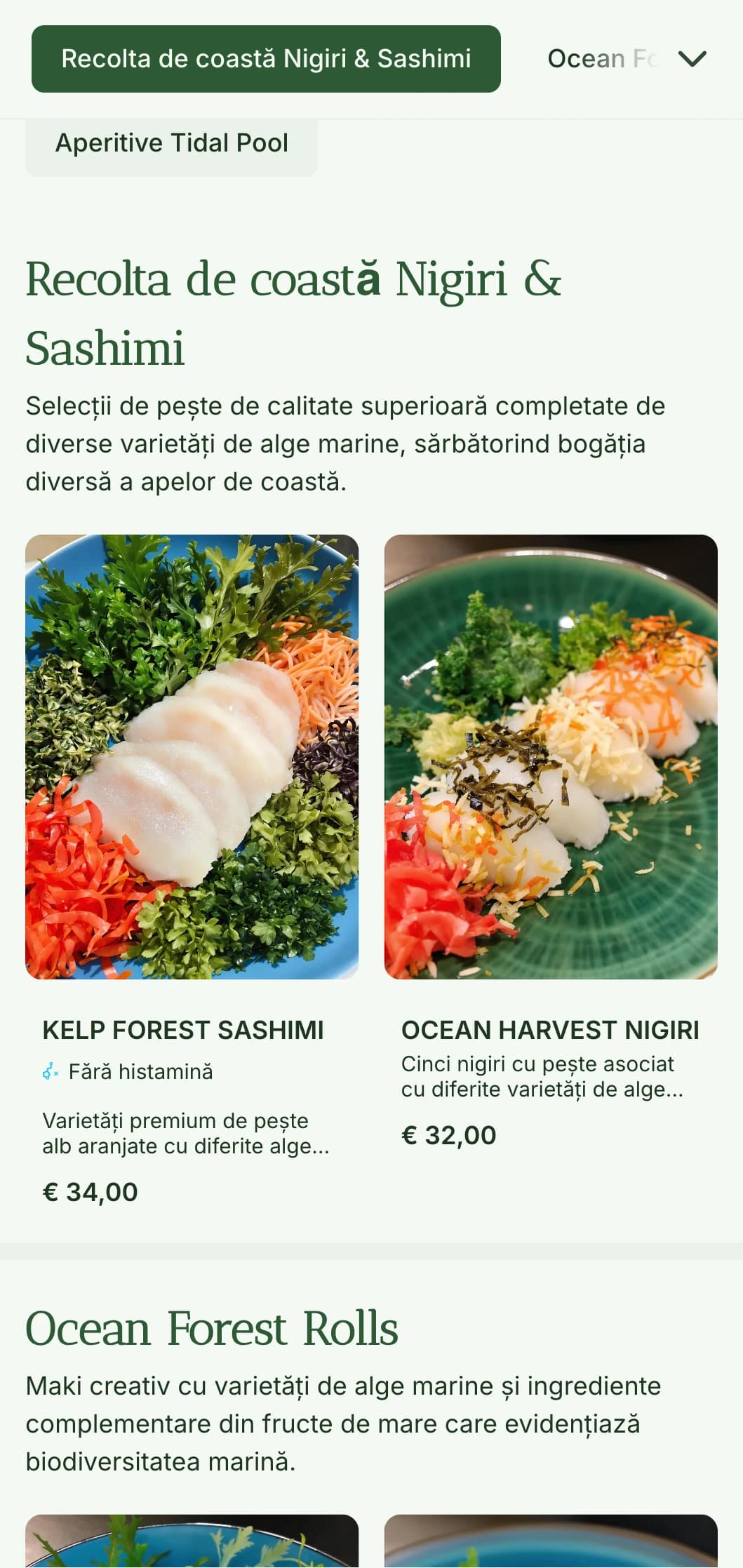 Meniu sushi proaspăt, inspirat de ocean, cu tonuri verzi adânci de alge marine pentru restaurante autentice de fructe de mare.