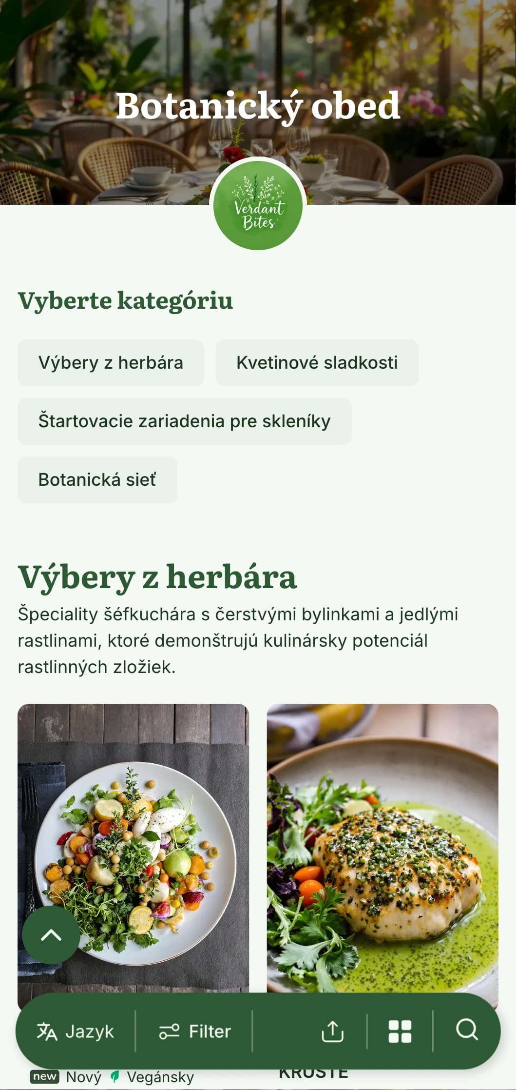 Svieži, rastlinami inšpirovaný dizajn obedového menu s botanickými ilustráciami a prírodnými textúrami, ideálny pre skleníkové kaviarne a reštaurácie so záhradou.