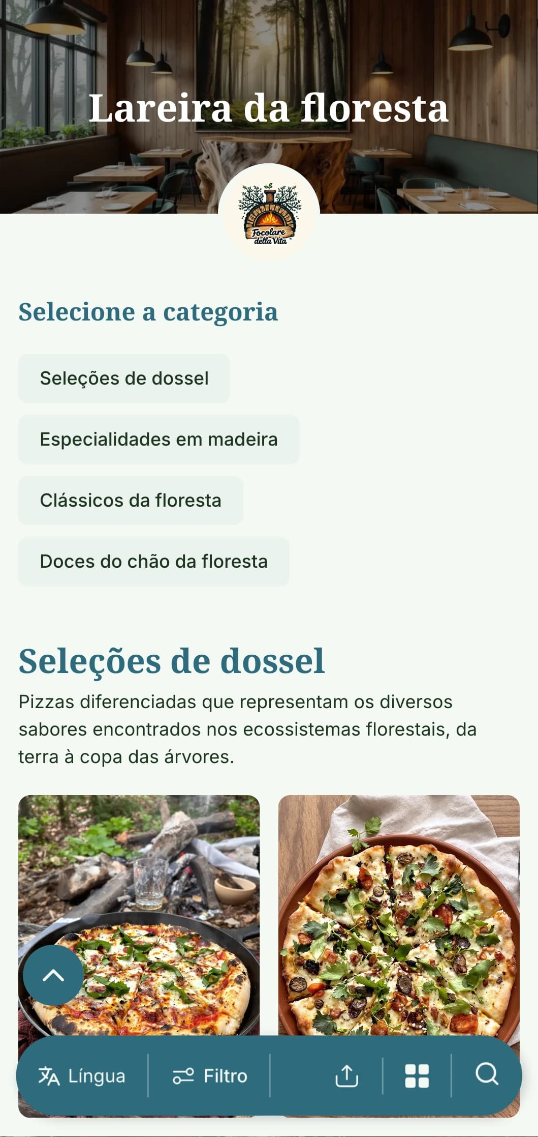 Menu de pizza inspirado na floresta com elementos florestais e paleta de cores terrosas.