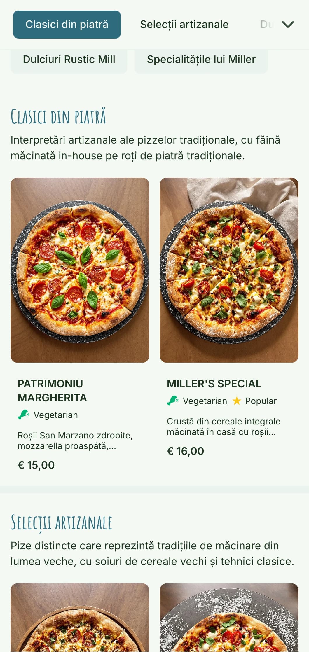 Meniu rustic de pizza din făină măcinată cu piatră, cu elemente artizanale și estetică naturală.