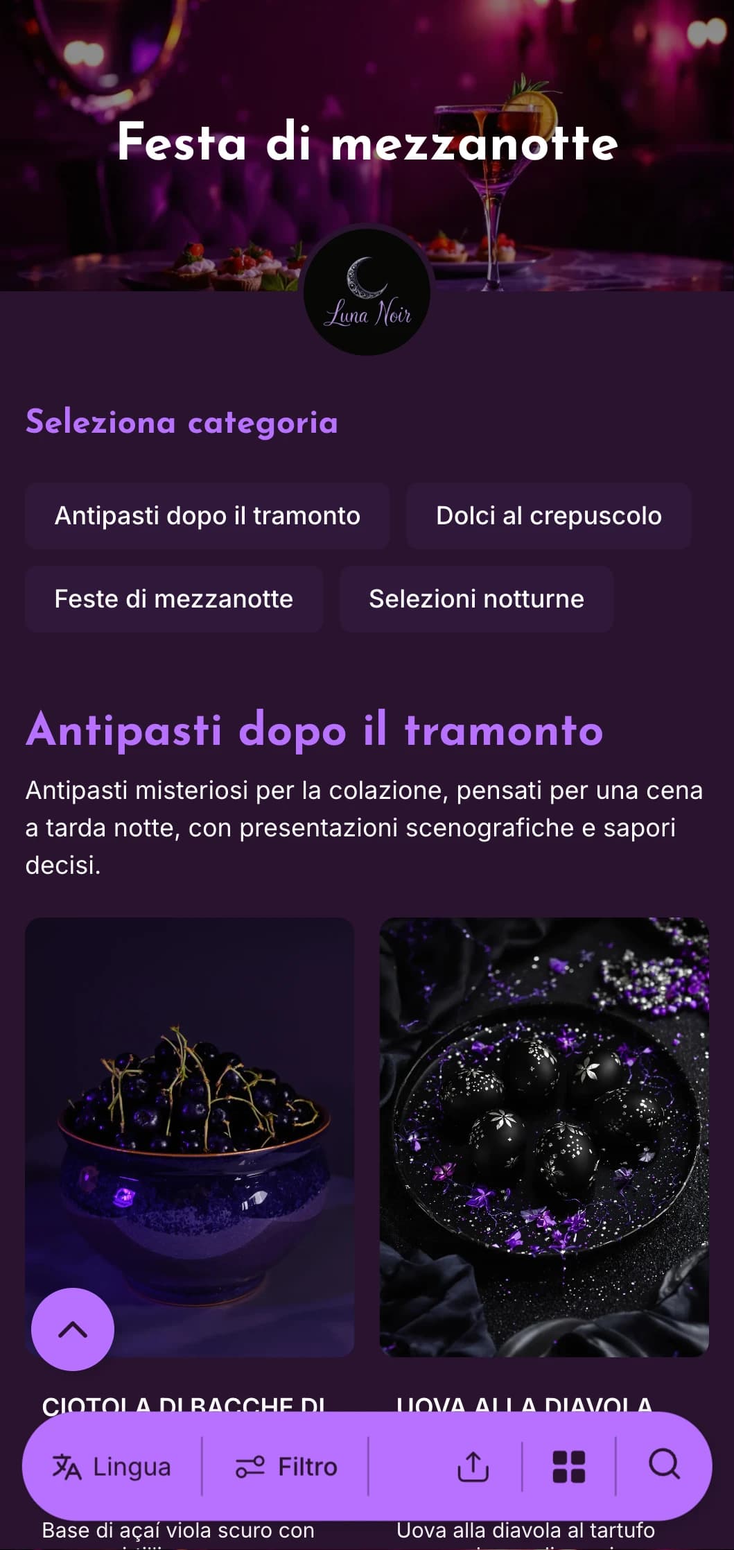 Modello viola intenso con accenti luminosi, perfetto per offerte di brunch a tarda notte e colazioni abbinate a cocktail.