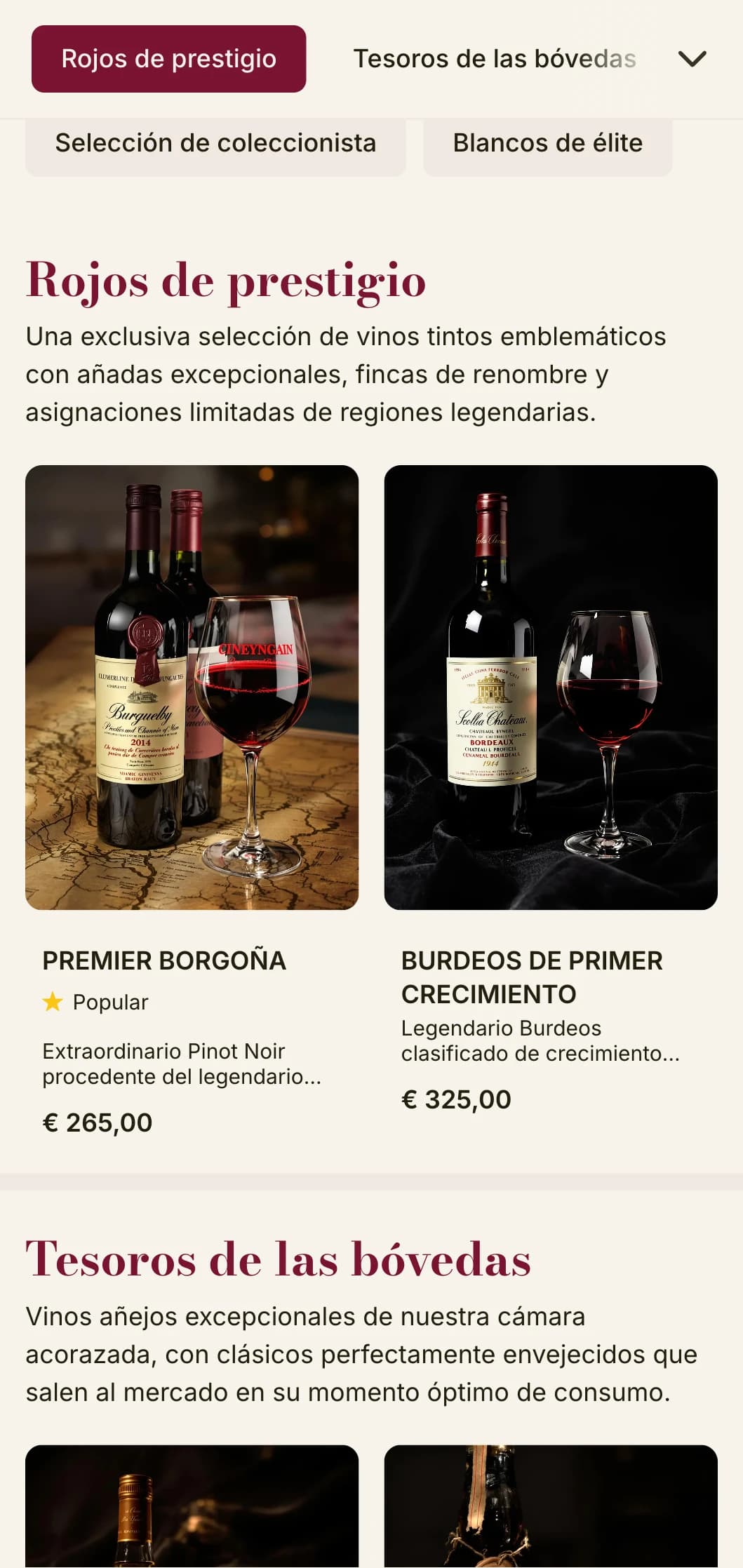 Lujosa plantilla de carta de vinos con detalles en rojo intenso y tipografía sofisticada, ideal para bodegas de vinos de primera calidad y restaurantes exclusivos.