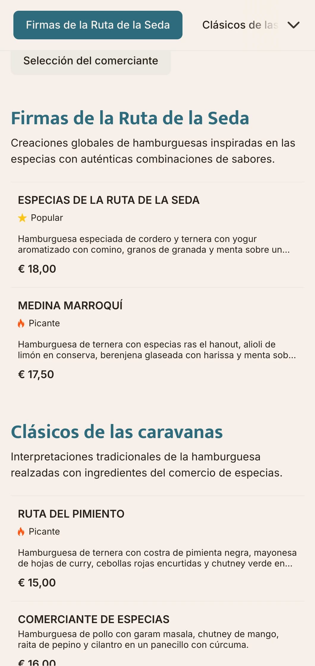 Menú de hamburguesas inspirado en el comercio de especias con perfiles de sabores globales y referencias históricas.