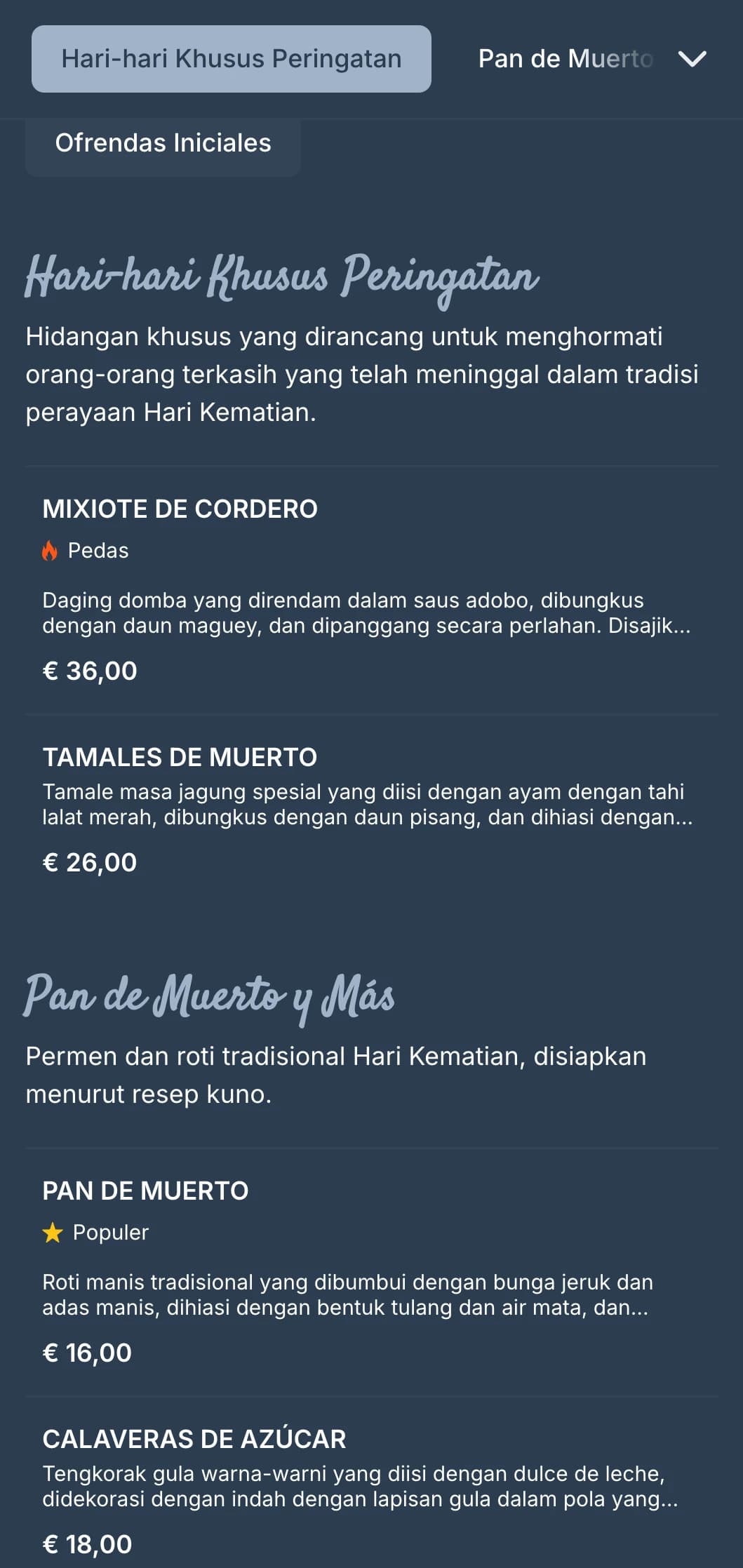 Menu bertema Hari Kematian yang artistik dan merayakan Hari Kematian yang menampilkan warna biru-abu-abu yang kaya, motif tengkorak gula, dan sajian musiman khusus.