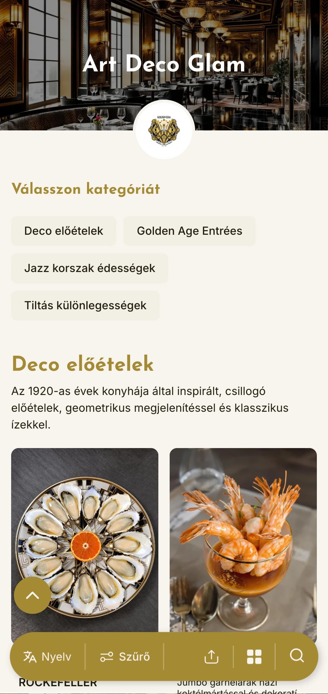 Egy csillogó, 1920-as évek ihlette vacsora menü geometrikus mintákkal és fémes hangsúlyokkal, ideális a vintage hangulatú létesítmények számára.