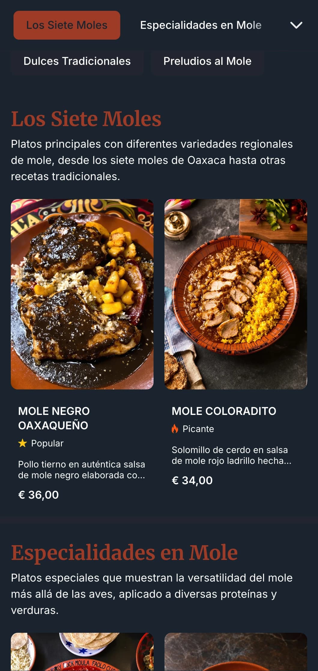 Menú rico y complejo que muestra las diversas salsas de mole de México con profundos tonos terracota, preparaciones tradicionales y variaciones regionales.