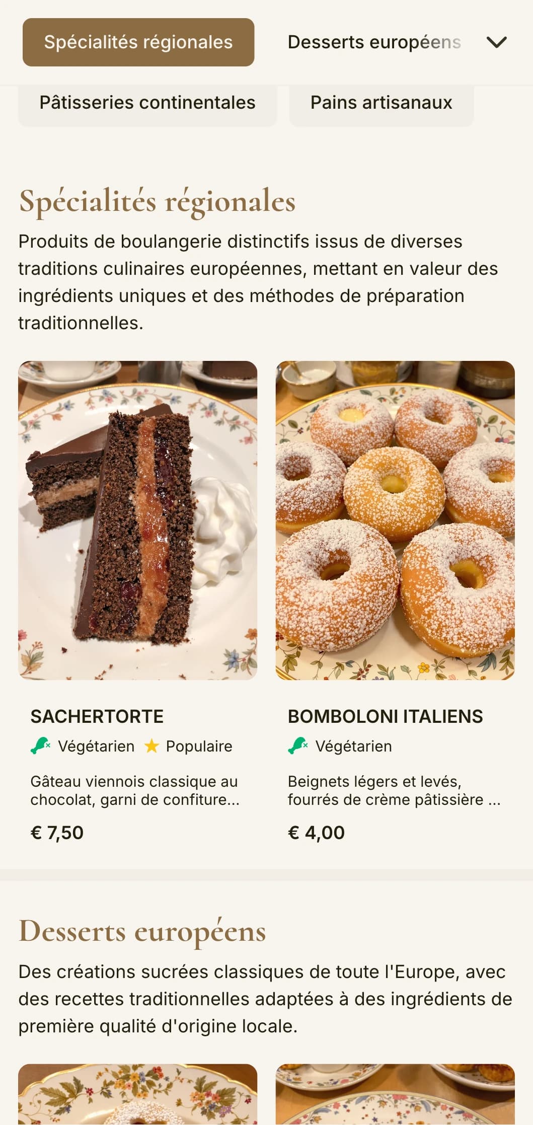 Un menu de boulangerie sophistiqué et continental avec des tons bruns chauds et une typographie élégante, parfait pour les boulangeries et pâtisseries de style européen.