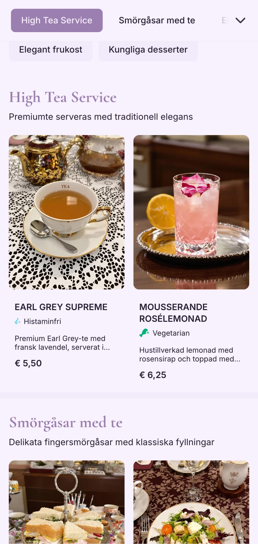 Sofistikerad lila design för exklusiva teserveringar och eleganta konditorier.