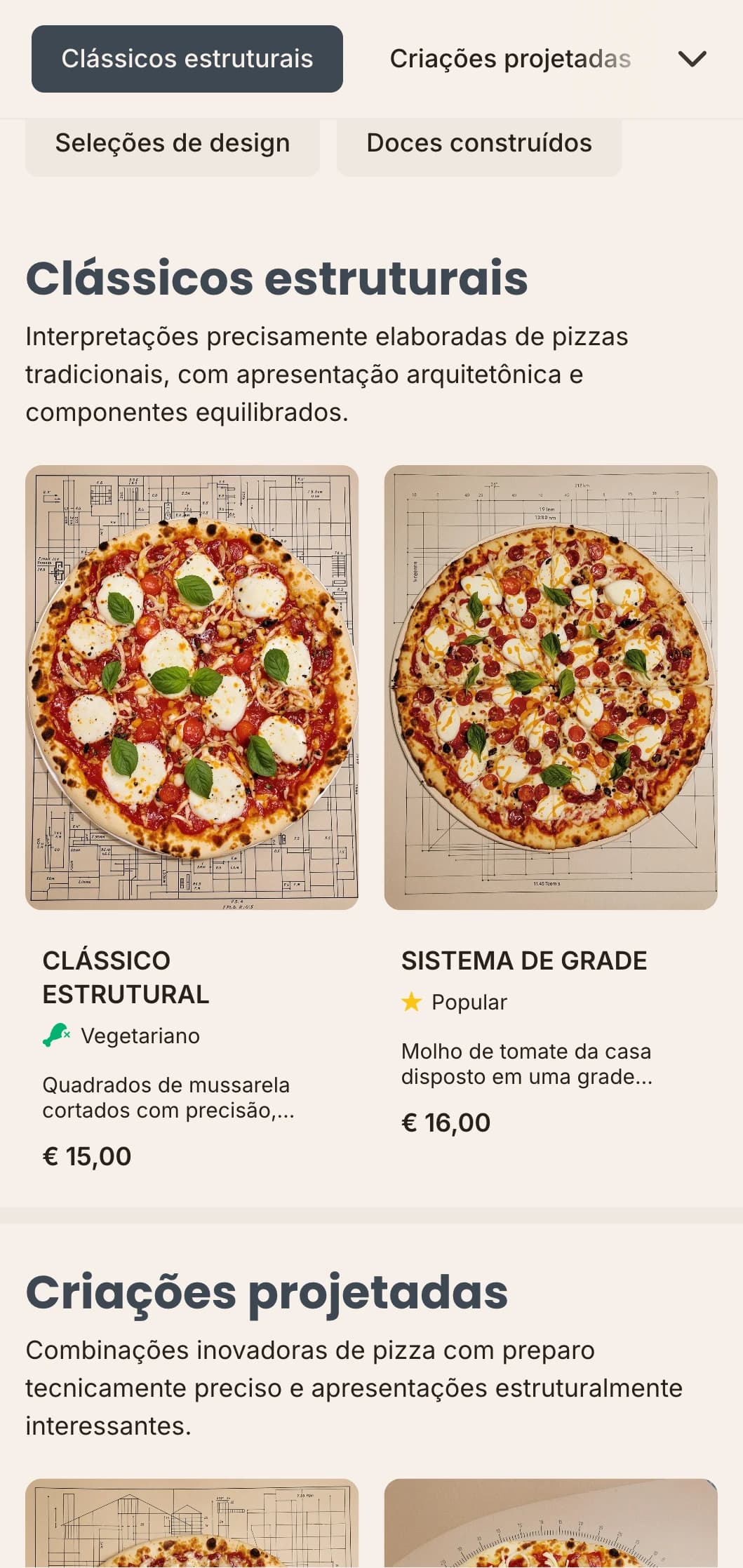 Menu de pizza de inspiração arquitetônica com layouts precisos e estética técnica.