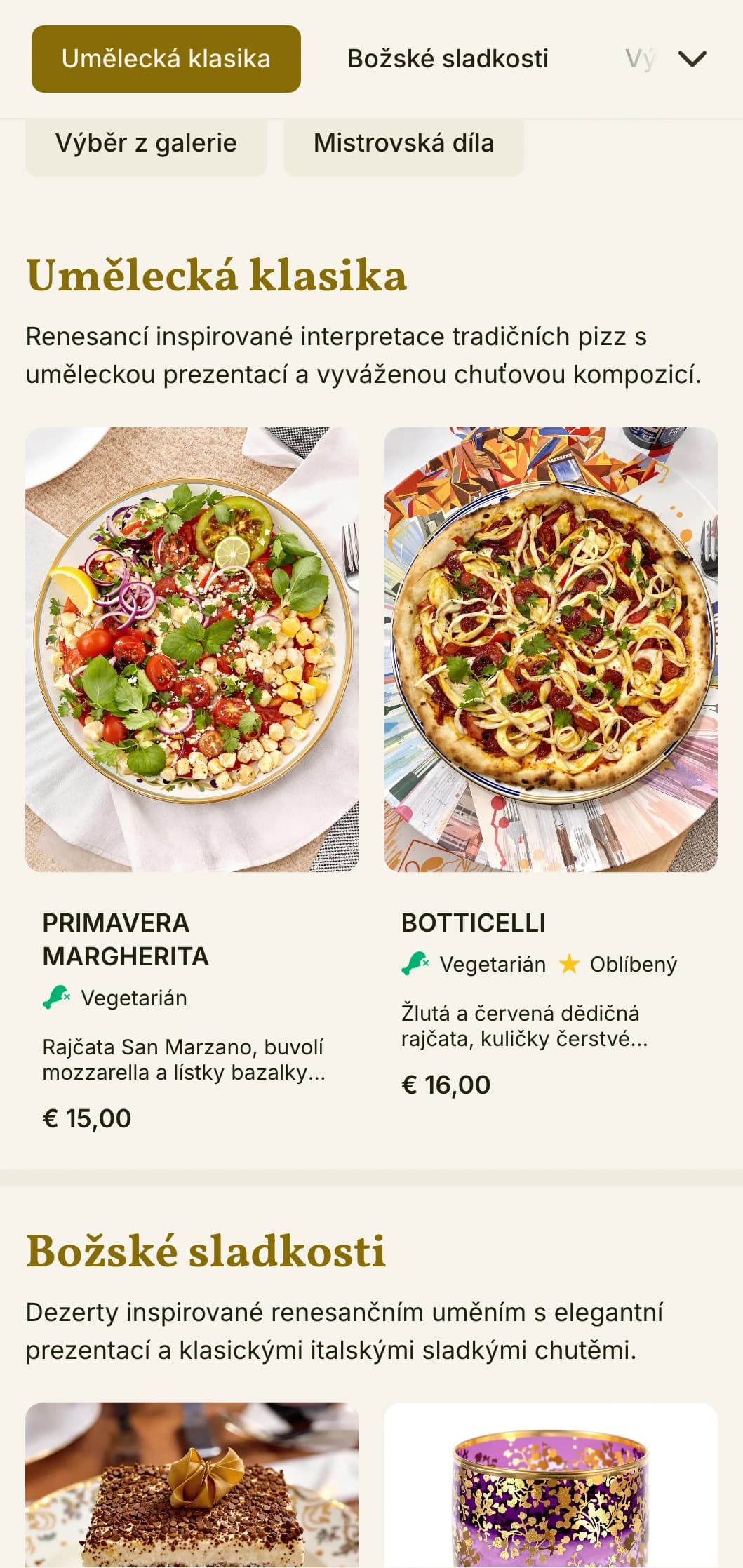 Umělecké menu pizzy inspirované italskou renesancí s bohatými vizuálními prvky.