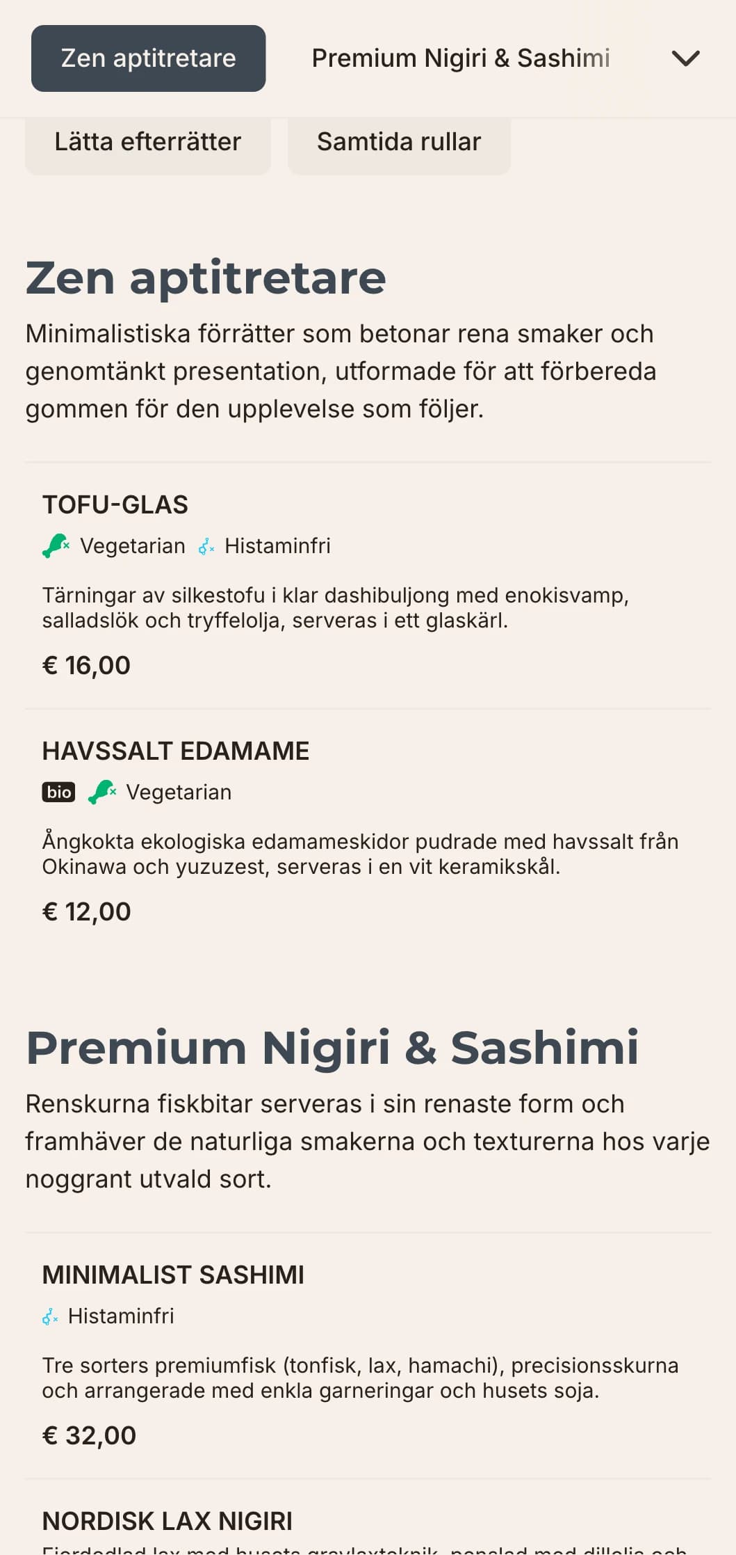 Ren, modern sushimenydesign med minimalistisk estetik, perfekt för exklusiva japanska restauranger som fokuserar på enkelhet och kvalitet.