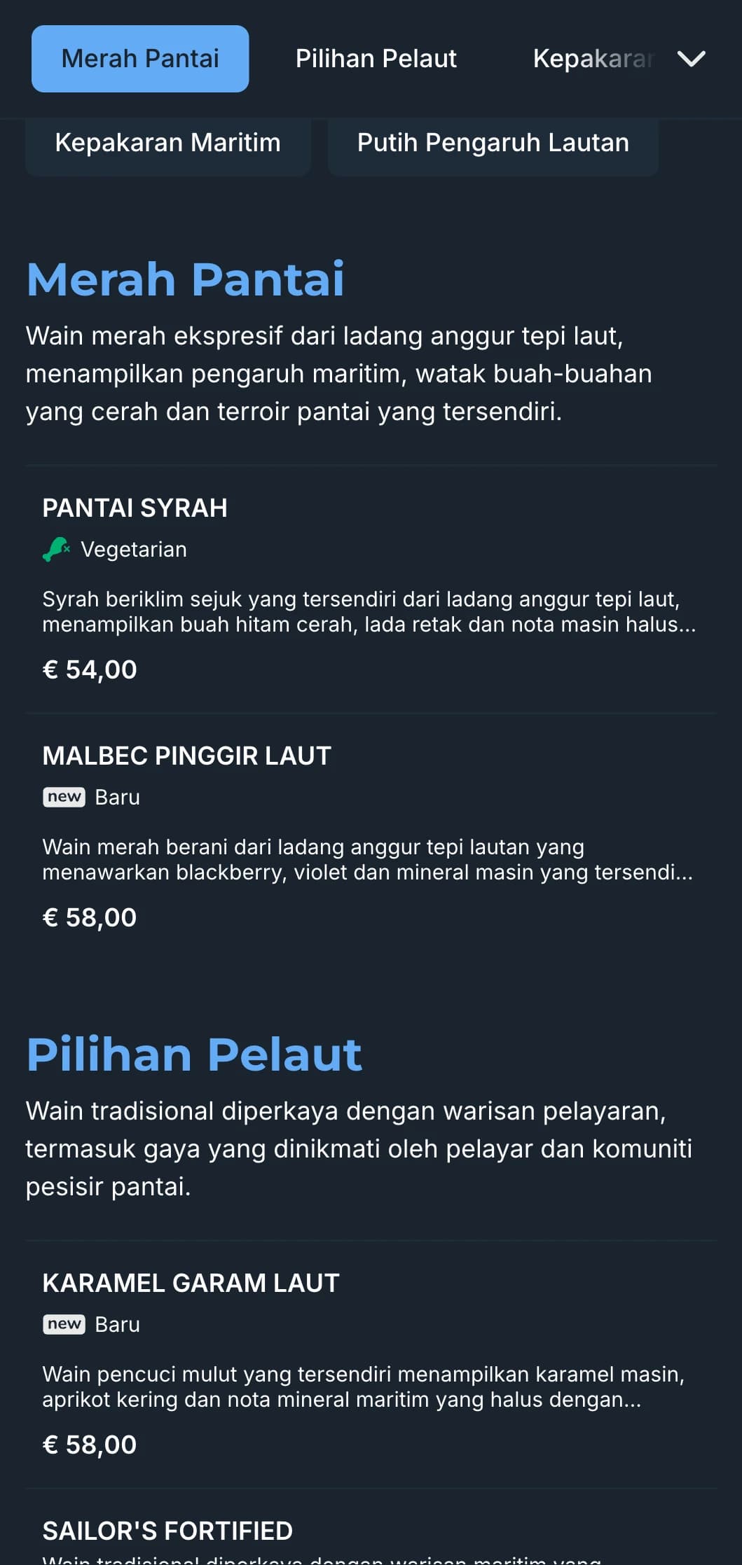 Templat senarai wain gelap yang diinspirasikan oleh Mediterranean dengan aksen biru terang, sesuai untuk restoran pinggir pantai pada waktu malam dan pengalaman wain tepi laut.